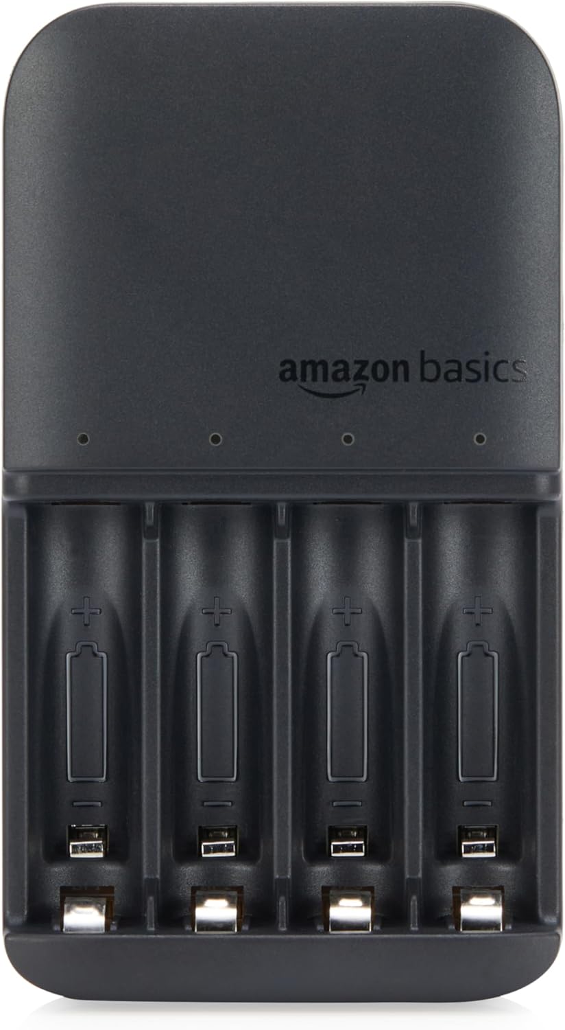 Amazon Basics 4-Bay, Smart Battery Charger for Rechargeable AA and AAA NiMh Batteries, Fast Charging with LED