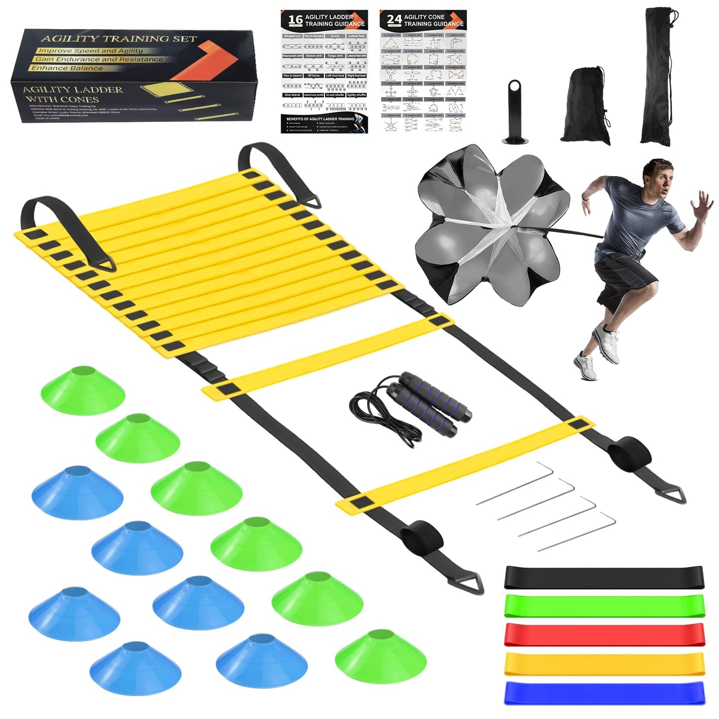 Speed Agility Training Equipment Set, Agility Ladder 20ft, 12 Football Cones, Resistance Running Parachute, Jump Rope, 5 Resistance Bands, Football Soccer Basketball Fitness Drills for Kids Adults