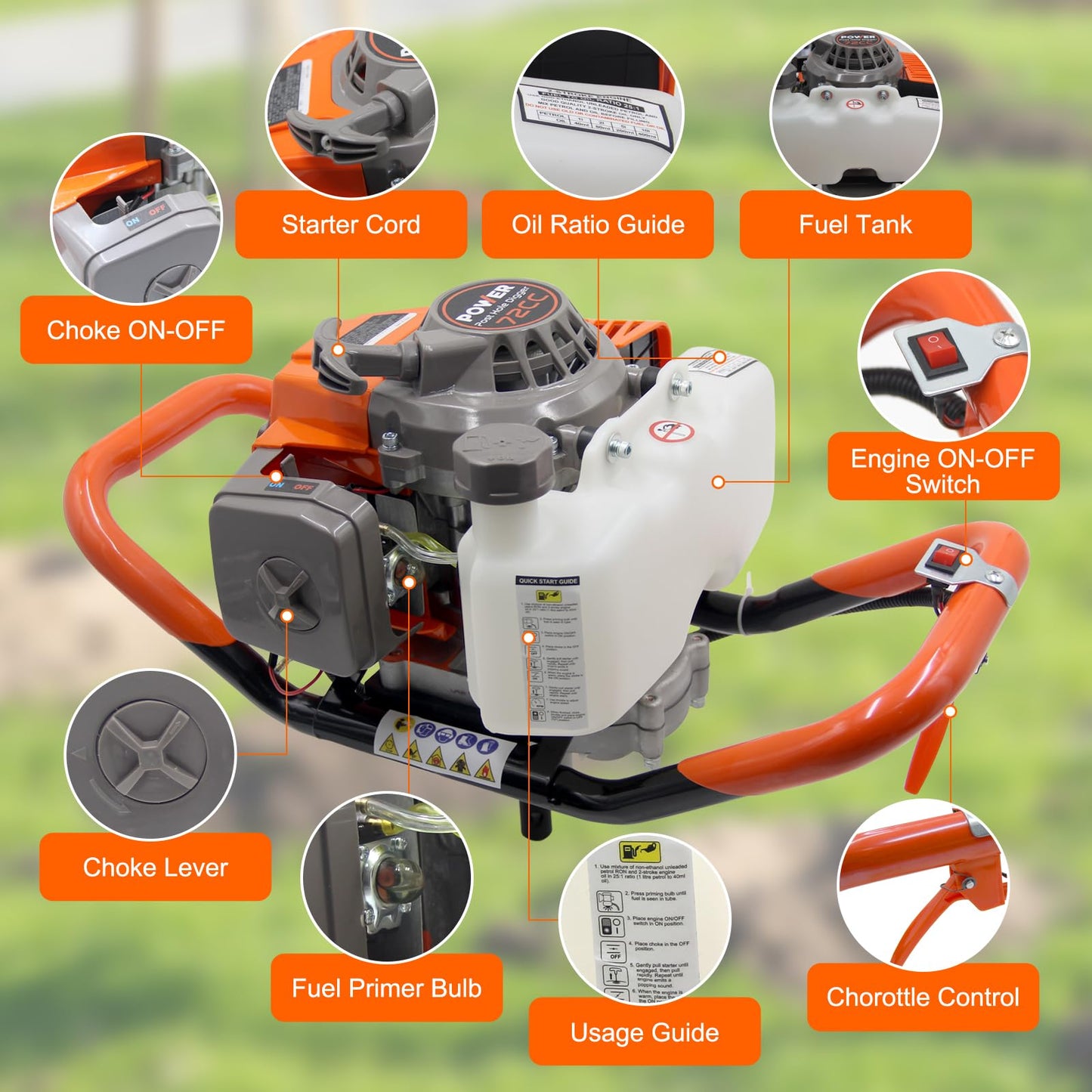 72CC Newly Upgraded Post Hole Digger Gas Powered, 2 Stroke Auger Post Hole Digger with 2 Drill Bits (6" & 8") + 1 Extension Rod for Planting - Ideal for Farm & Garden - Orange (72 CC)