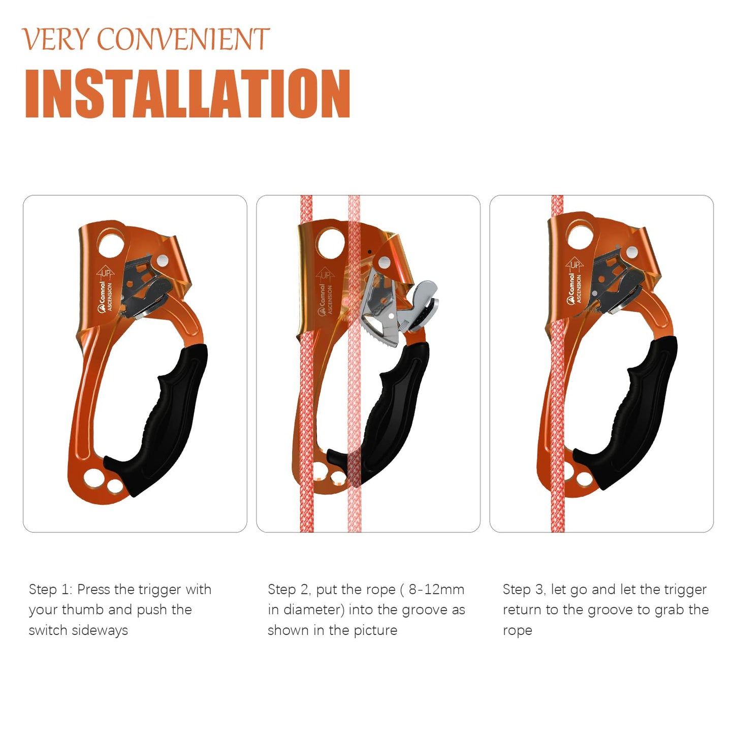 CAMNAL UIAA & CE Certified Hand Ascender for 8–13mm Rope, Rope Clamp for Rock Climbing, Tree Climbing, Arborist, Rappelling Gear – Right Hand Orange