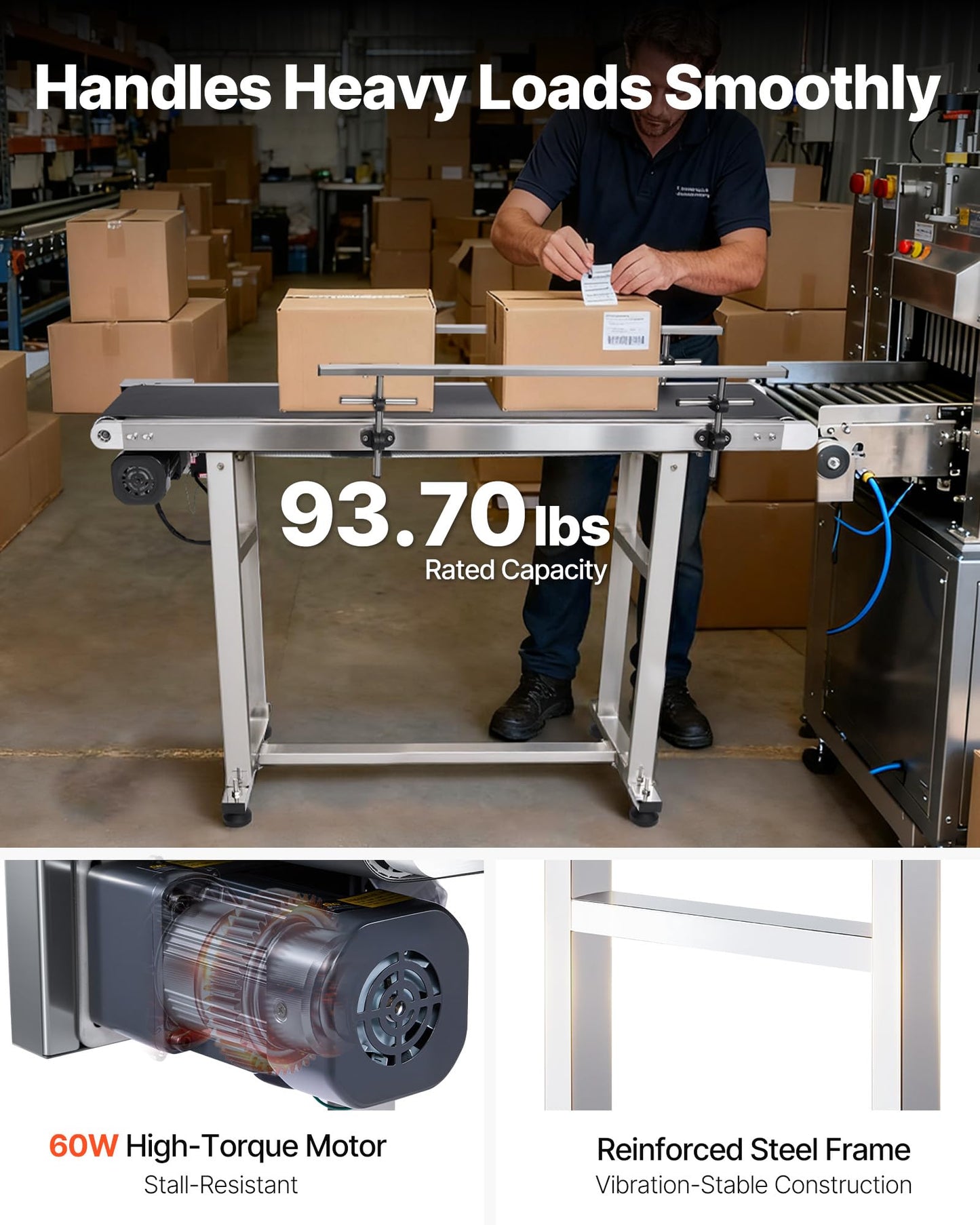 VEVOR PVC Belt Conveyor 47″x 7.8″, Electric PVC Conveyor 110V Adjustable Automatic Speed, Conveyor Machine with Double Guardrail, in Stainless Steel, Industrial Transport Equipment