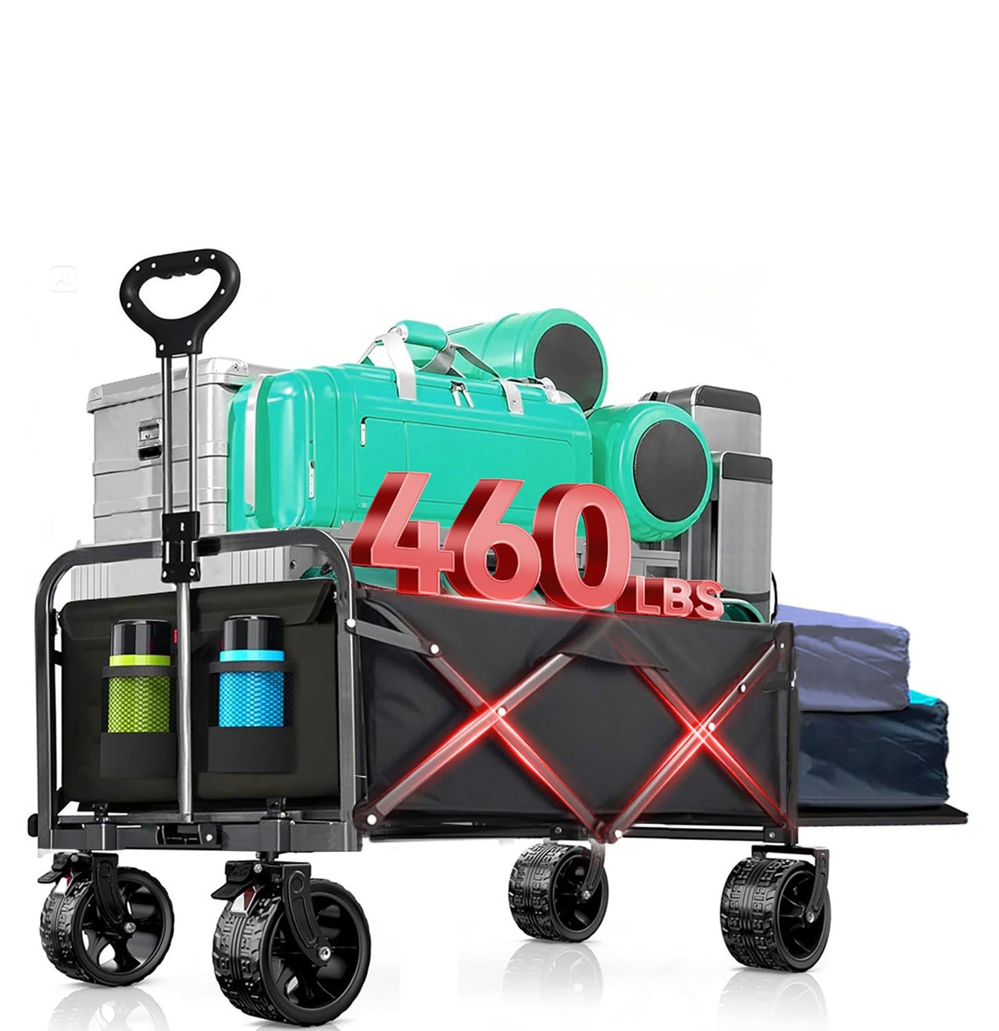 240L Capacity Foldable Wagon with Brakes, 49" Extra Long Extender Wagon Cart 460lbs Heavy Duty Collapsible Utility Cart with All-Terrain Big Wheels for Camping, Shopping, Beach