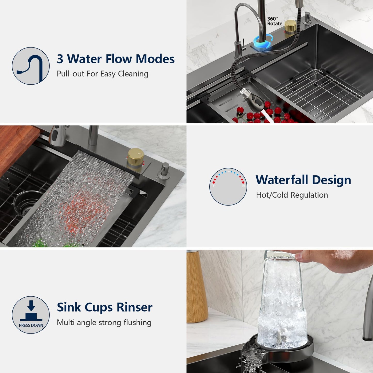Logmey 33x22 Waterfall Kitchen Sink,Gunmetal Black Nano PVD Drop in Workstation Single Bowl,16 Gauge Anti-Scratch Anti-Rust Stainless Steel Sink with Faucet for Kitchen Remodel Food Prep & Dishwashing