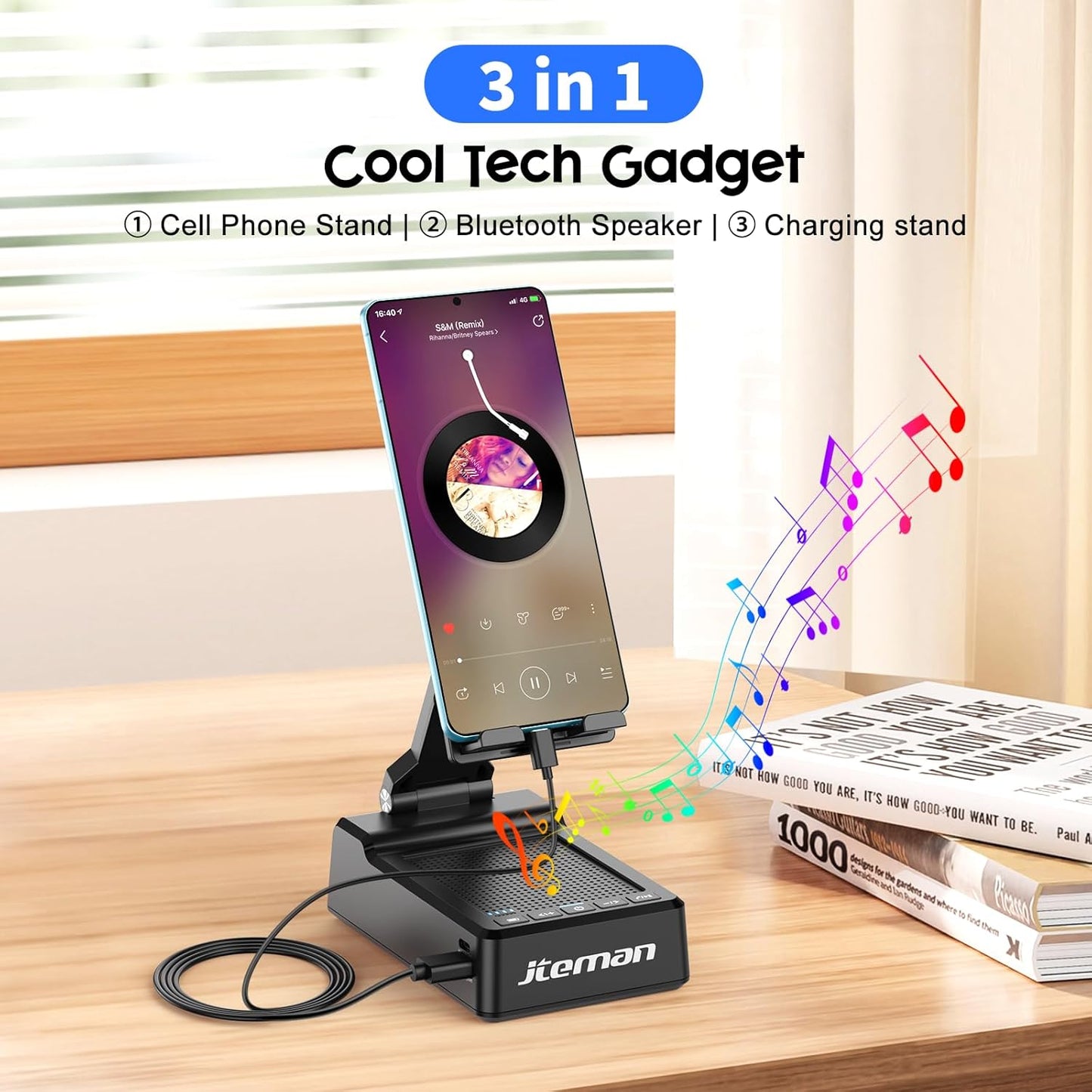 JTEMAN Gifts for Men Women,Adjustable Cell Phone Stand with Bluetooth Speaker and Charging Function,Cool Tech Gadgets