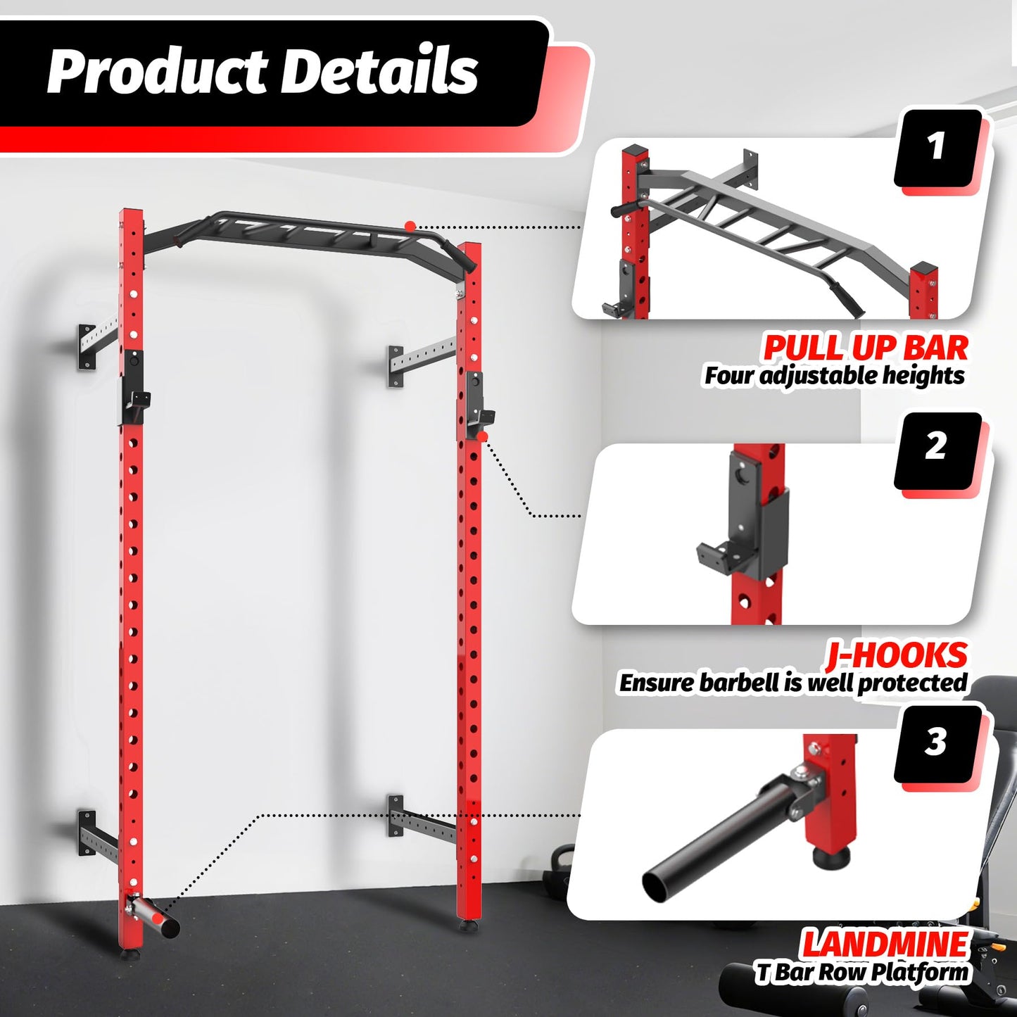Garvee Wall Mounted Power Rack, 1600LB Commercial Squat Rack for Home Gym with Multi-Grip Pull Up Bar, j-Cups & Landmine Attachment for Home and Garage Gym