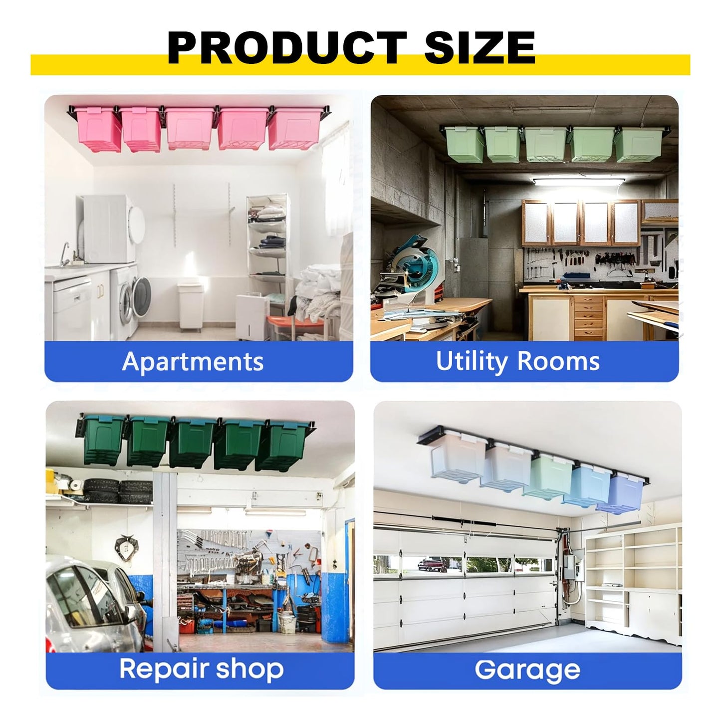 Yuleimy Overhead Garage Storage Rack for 27 Gallon Totes (6-Pack for 3 Bins), Heavy Duty Metal Ceiling Mount Hanging Bin Rails, Adjustable Storage Track System for Workspace Organization