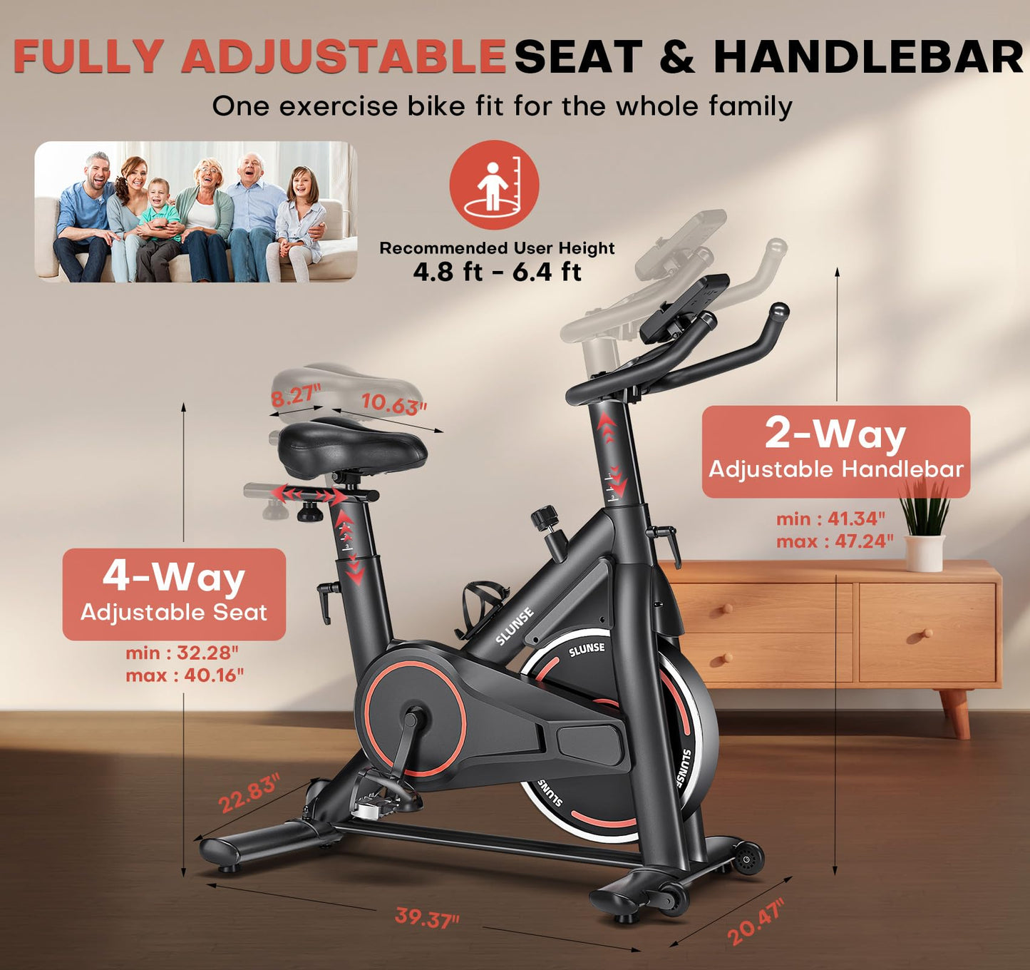Exercise Bike, Magnetic Resistance Stationary Bikes for Home with App Compatible, Silent Indoor Cycling Bike with 350lbs Weight Capacity Comfortable Seat, Digital Monitor & Phone Mount, Black Red