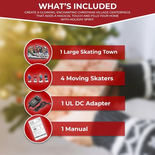 Large Animated Christmas Village - Lighted Musical Snow Scene with 4 Moving Skaters | Resin Decor