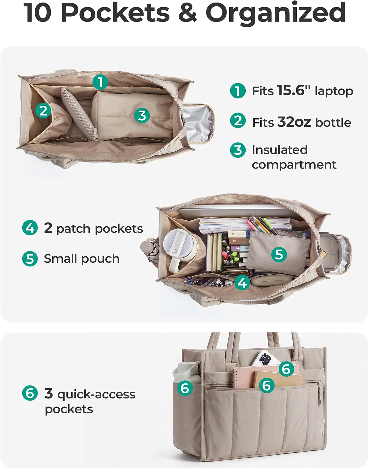 15.6 Inch BAGSMART Tote Bag for Women Puffer Laptop Work Bag Large Purse Shoulder Handbag Crush Bow Tote with Insulated