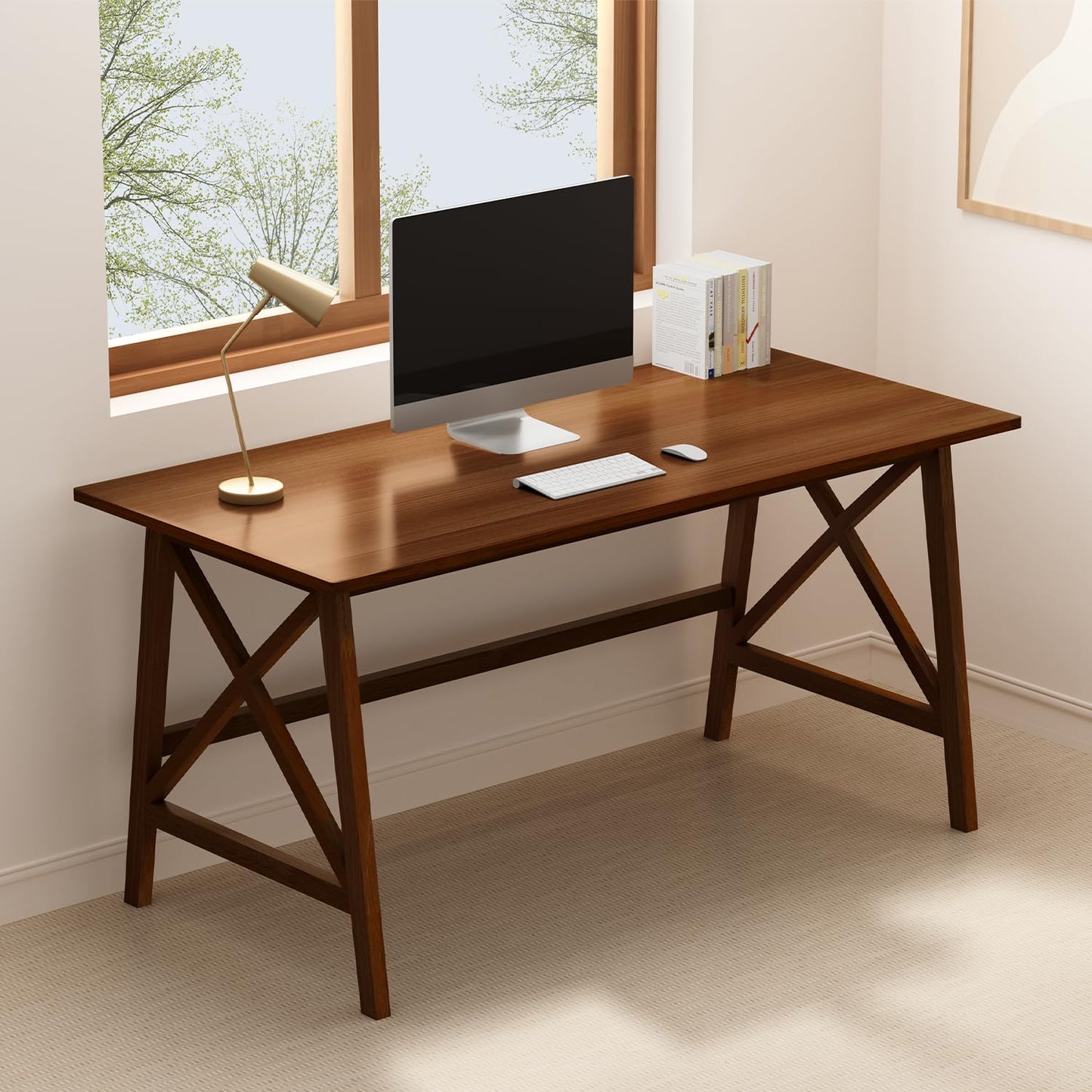 NELYE Modern Solid Wood Desk - 54" Simple Computer Table for Home Office Study Writing Workstation in Walnut, 54" W x 24" D