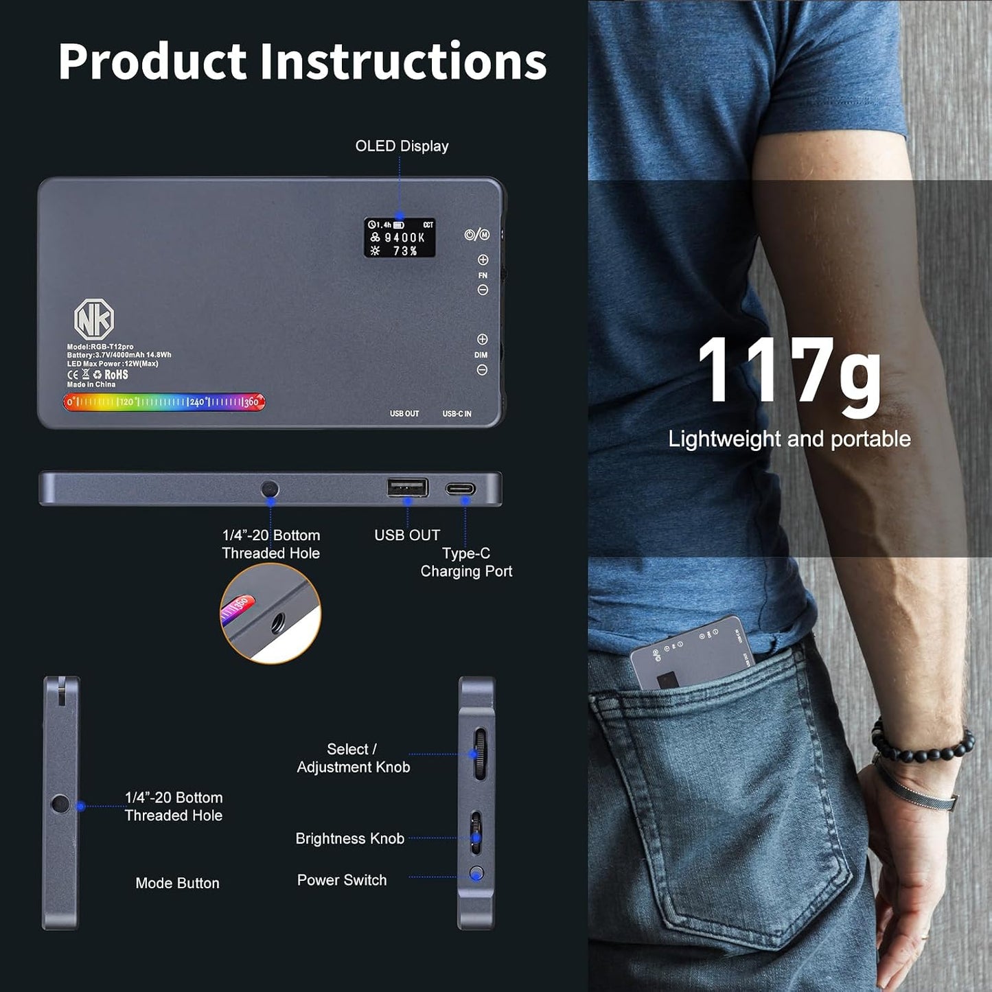 Nagnahz T12 Light,12W 2500-8000K, 4000mAh 21 96+, Pro RGB Video Portable LED Camera Light with Rechargeable Battery