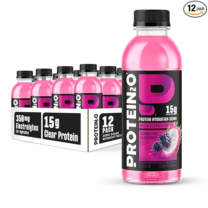 Protein2o Hydration Drink - 2-in-1 Liquid Clear Whey Protein Isolate and Electrolyte Drink - 15g Protein, Vitamins B5, B6 - Post-Workout Recovery - 16.9 Fl Oz - 12 Count Dragon fruit Blackberry