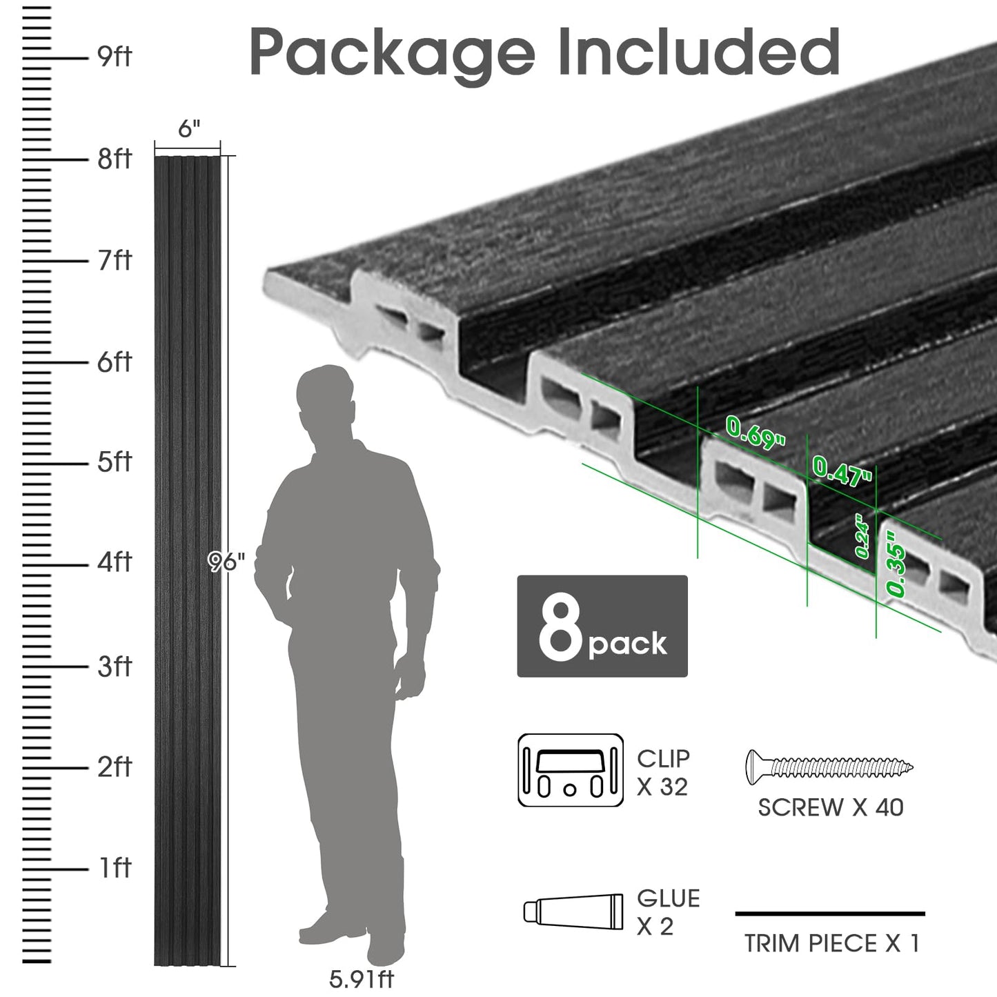 LARWORKS WPC Slat Wall Panels 8 Pack 96" x 6", Waterproof Fluted Wall Paneling, Accent 3D Wall Panel for Wall Decor, Bathroom, Bedroom, Office - Low Grille Black (Cover Approx.32 sq.ft)