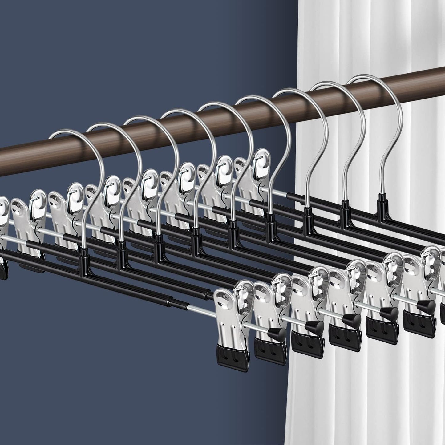Skiennix Pants Hangers with Clips - Adjustable Heavy Duty Non-Slip Design | 20 Pack, Black, 12 Inch