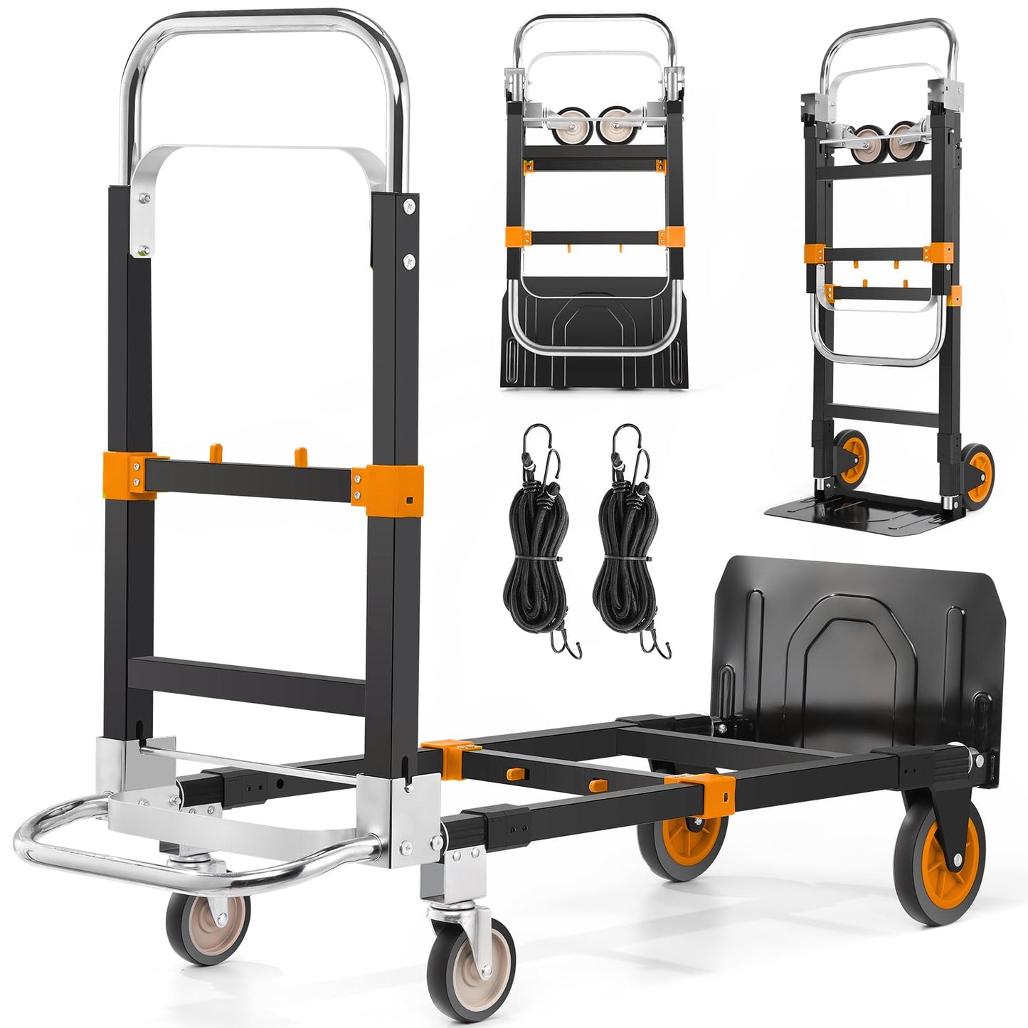 3-in-1 Convertible Heavy Duty Folding Hand Truck Dolly, 600LB Capacity with Rubber& Wheels Telescoping Handles, Portable Collapsible Cart for Warehouse, Supermarket, Office (Orange)