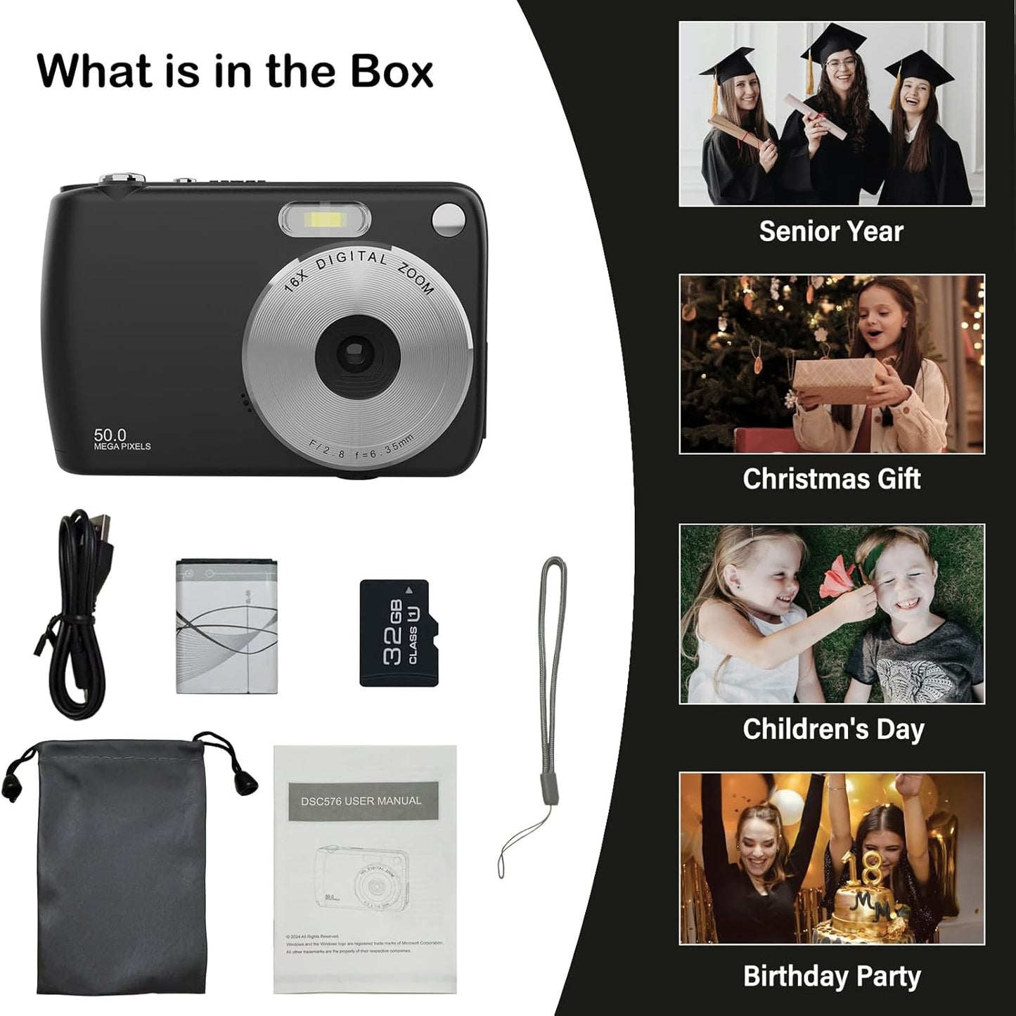 YingCheng 50MP 1080P, 16X Digital Camera, Kids Cameras for FHD Digital Point and Shoot Camera with Zoom Anti Shake