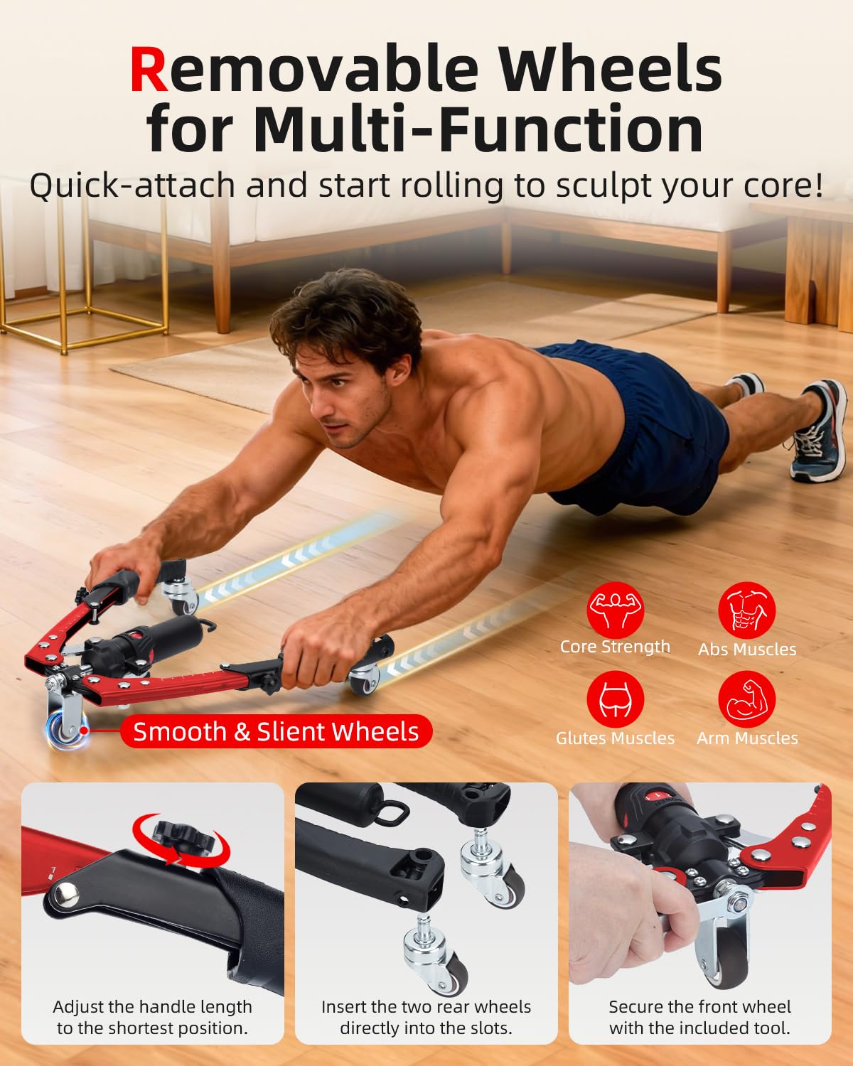 Abahub 2-in-1 Arm Trainer with AB Roller Wheels, Enhanced Hydraulic Power Twister Arm Trainer, 22-440LBS Adjustable Resistance Home Gym Equipment for Arm, Chest, Core & Full Body Workout, Red