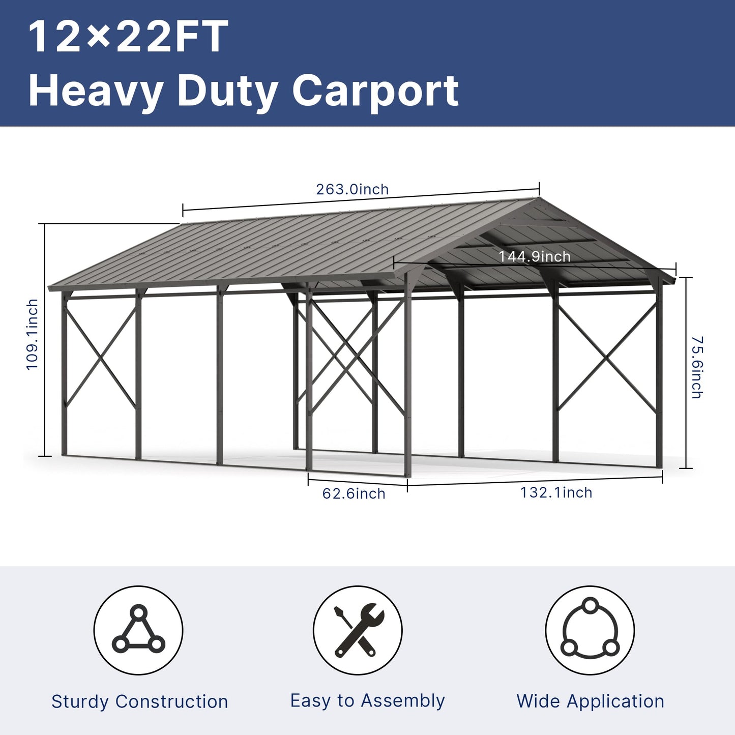 ASJMR 12' x 22'Metal Carport Heavy Duty, Outdoor Carport Canopy Heavy Galvanized Garage Car Shelter with Enhanced Base and Roof,Weather-Resistant Canopy for Cars, Trucks, Boats, Pickups