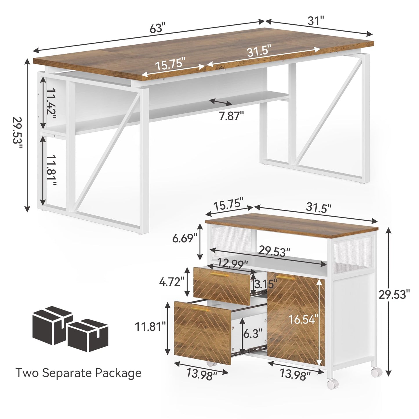 LITTLE TREE 63-Inch Office Desk with 31.5-Inch Lateral File Cabinet, Study Writing Desk Computer Desk for Home Office