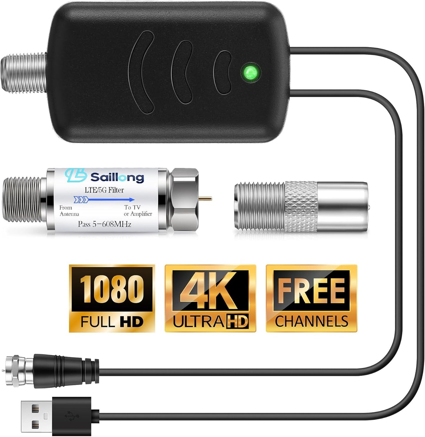 Saillong TV Antenna Amplifier with LTE Filter Kit, Antenna Signal Booster for TV Indoor, Low Noise/Clears Up Pixelated