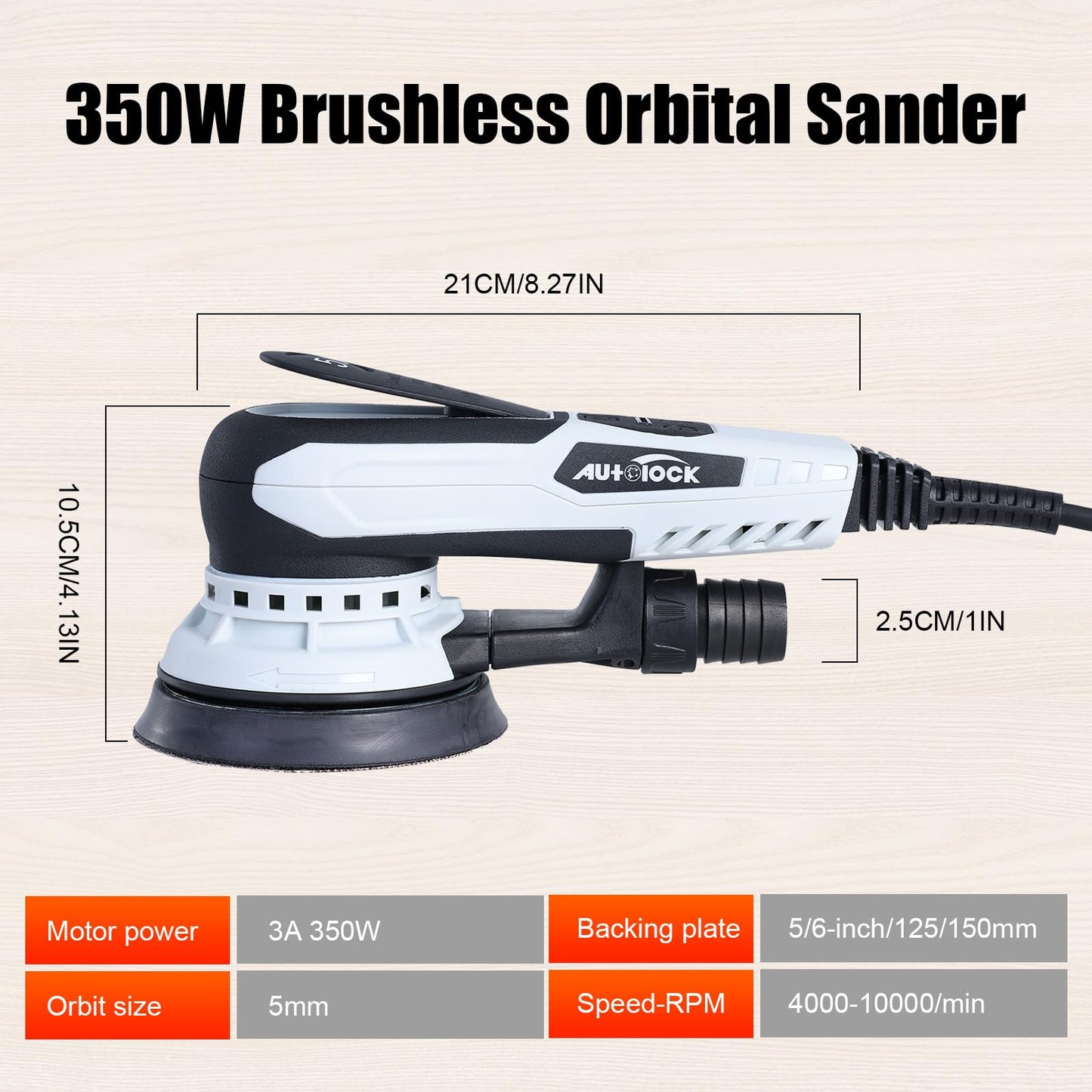 Autolock Electric Random Orbital Sander, 350W Brushless Motor with 5 & 6 Inch Pads, 10000RPM Palm Sander for Woodworking, Sanding and Polishing (1pcs)