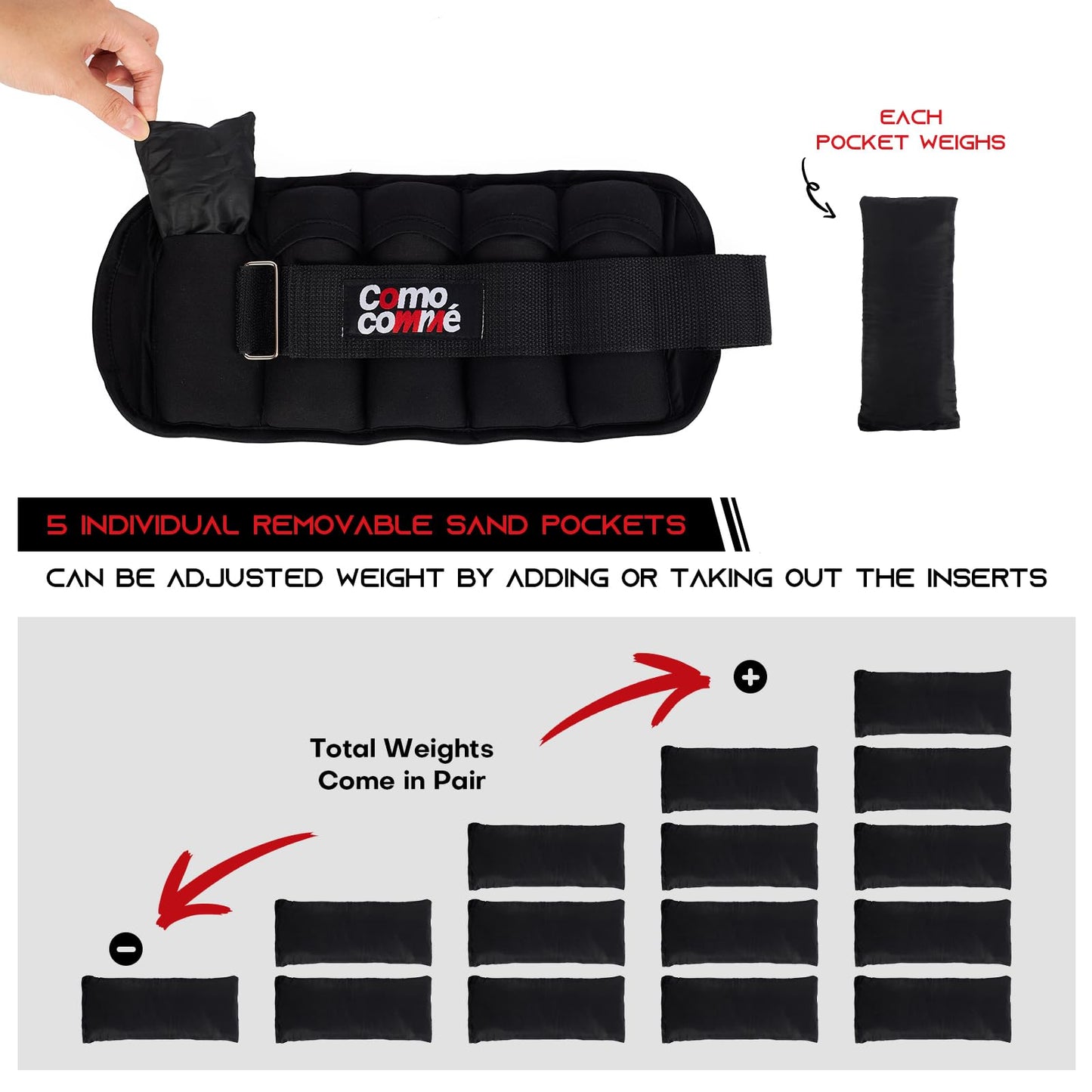 Adjustable Ankle Weights, 5lb 1 Pair Black Strength Training Wrist Leg Arm Weights for Women, Kids and Men, Weighted Ankle Weight Set with Removable Sandbags for for Gym, Fitness Workout, Running, Lifting