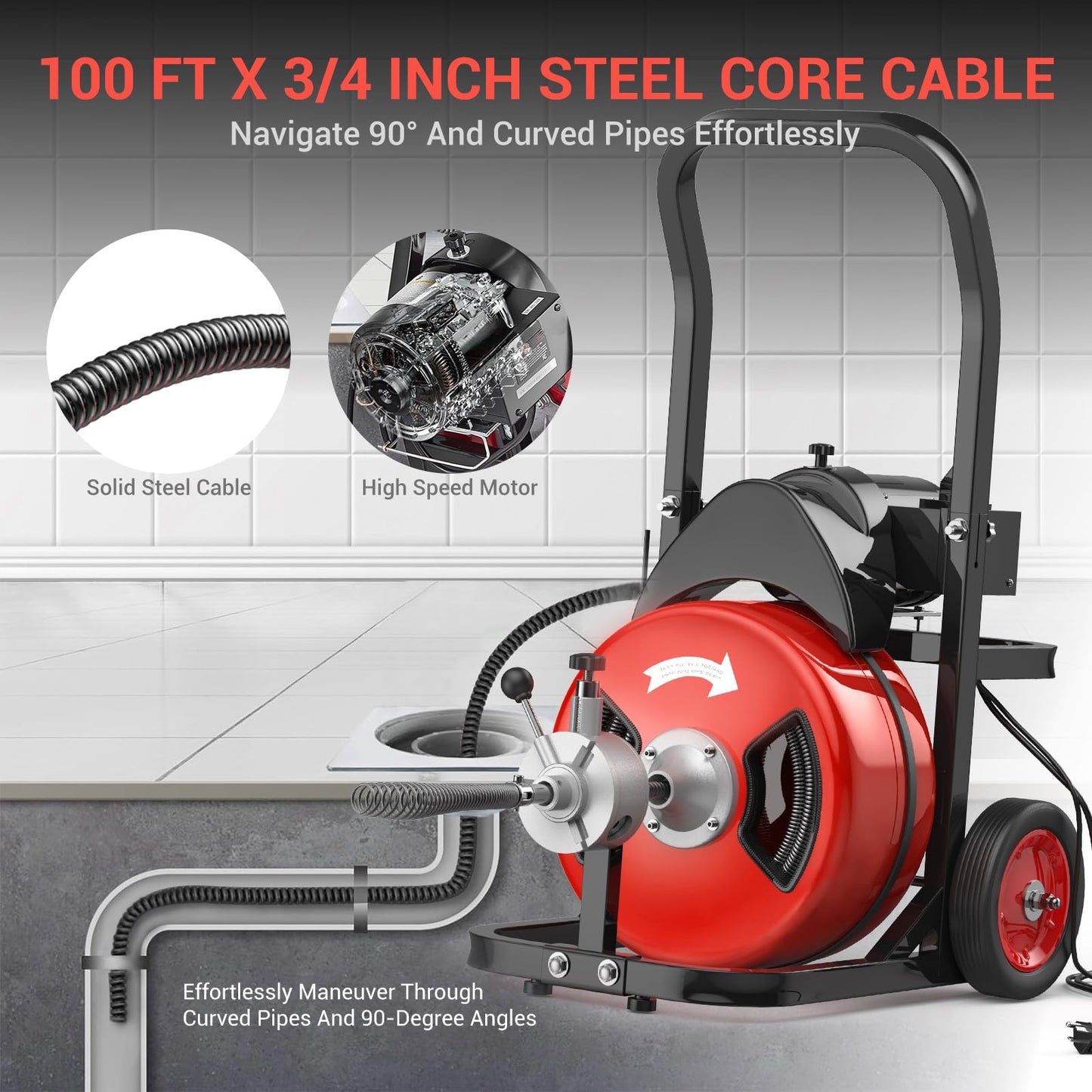 100Ft 3/4 Inch Electric Drain Cleaner Machine, 750W Auto Feed Sewer Snake Drain Auger with 6 Cutters & Air-Activated Foot Switch, Portable Electric Drain Cleaner for 4" to 8" Pipes