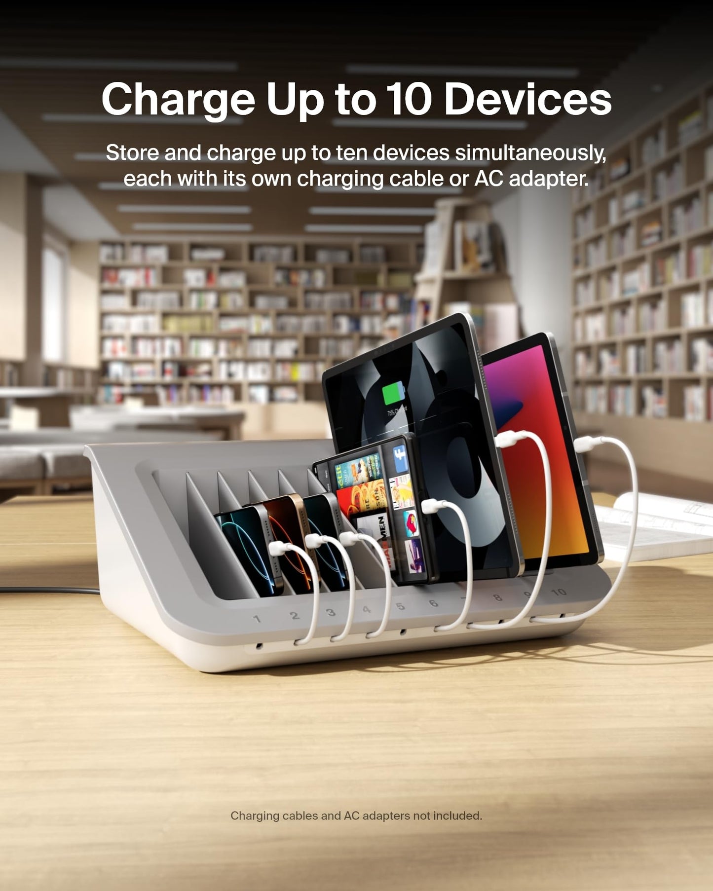 Belkin Charging Station For Laptops with Surge Protector - 10 Device USB Charging Dock for Tablets, Laptops, Chromebooks – Cable Management for Classrooms, Offices, Tech Labs, Shared Spaces, & More