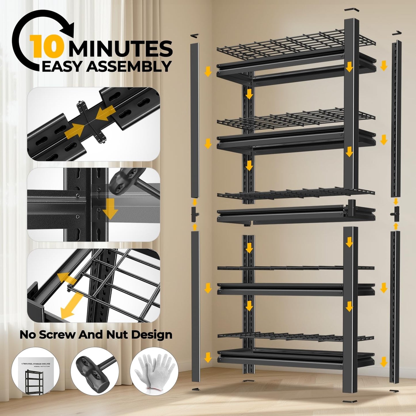 Auto Dynasty 5-Tier Storage Shelves Set of 2, 72" H (3000LBS Capacity) Adjustable Garage Shelving, Metal Storage Utility Rack Shelf Unit for Pantry Kitchen Warehouse, 72" H x 35" W x 16" D, Black