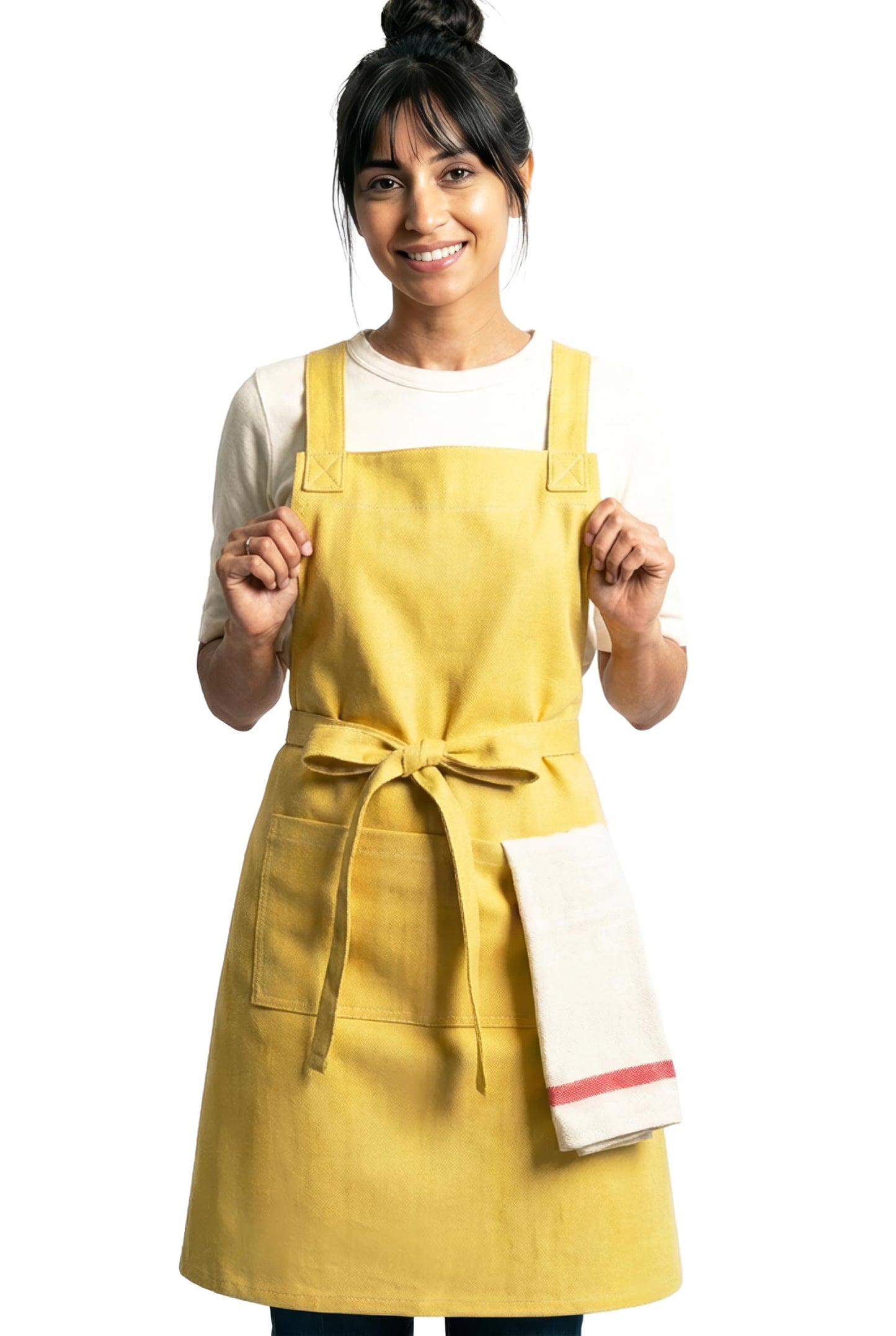 RUSTIQUE LINENS Lemon Cotton Cross Back Apron with Waterproof Inner Membrane and 2 Pockets for Men and Women – Adjustable Water Resistant Chef Apron for Cooking, Baking, BBQ, or Work