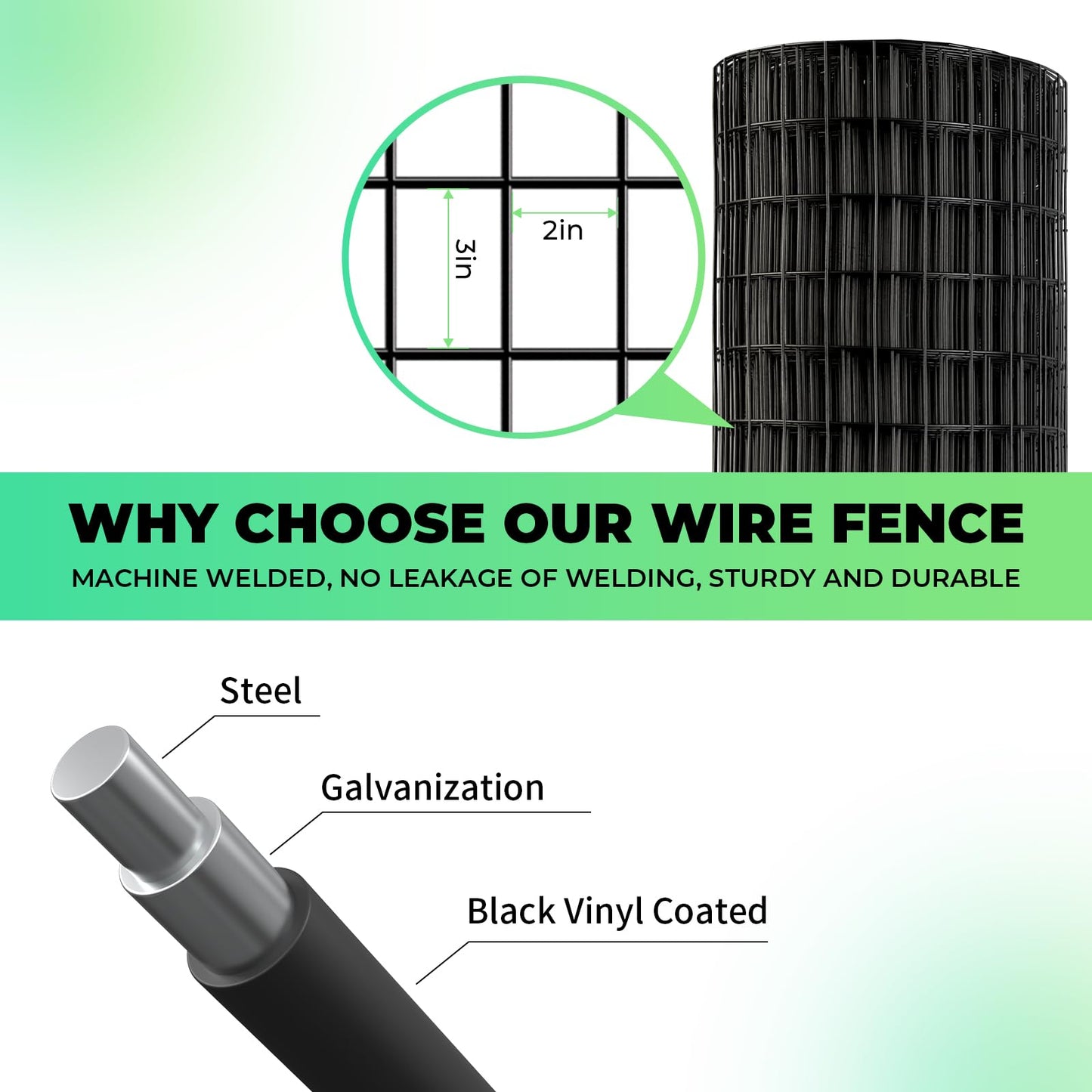 Garden Fence Black PVC Coated Welded Wire Fencing 48 Inch x 100 Foot, 2 Inch x 3 Inch 16GA, Garden Border Fencing Roll Vinyl Coating Metal Wire Mesh for Yard Vegetable Plant Protection Poultry Netting