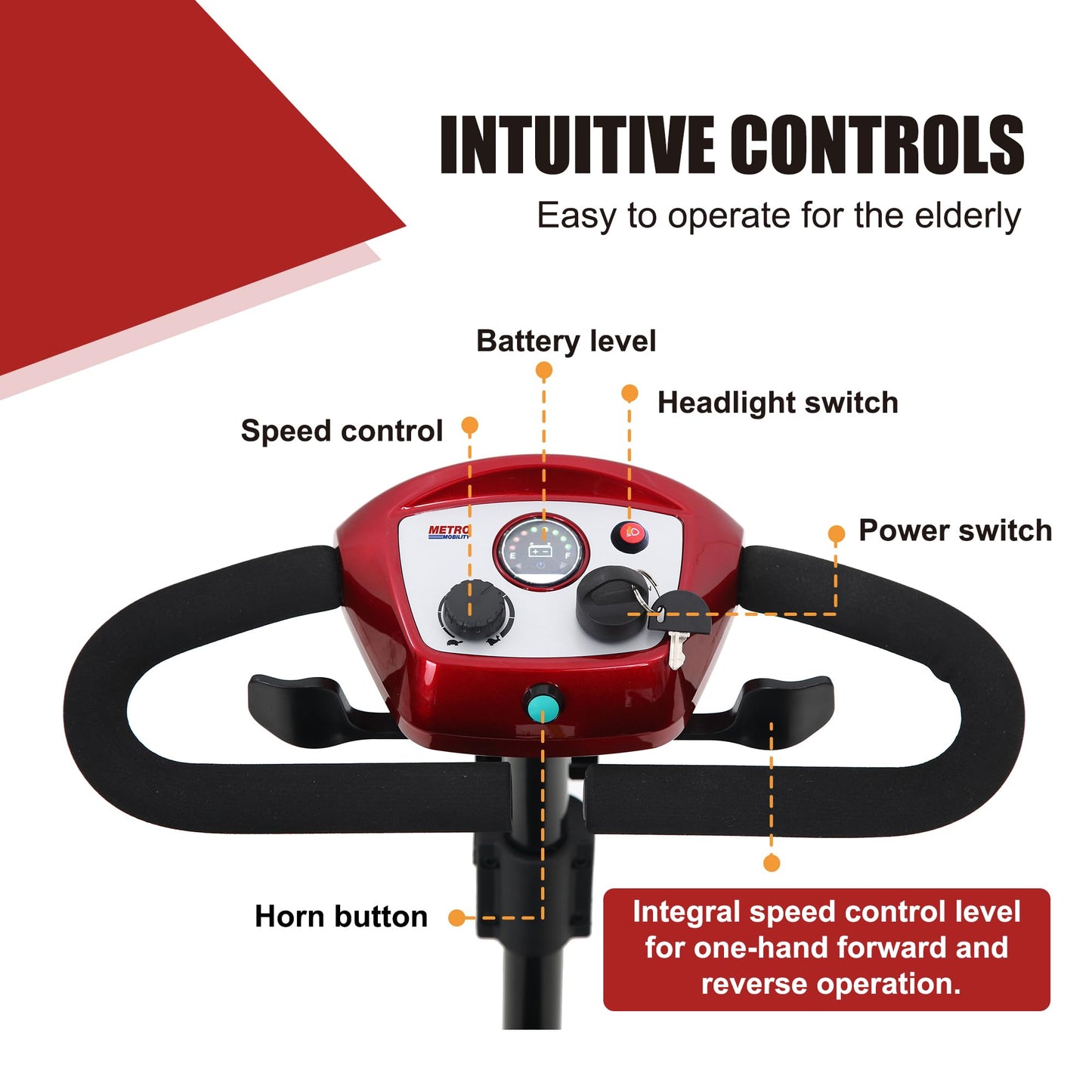 Metro Mobility 4 Wheel Foldable Mobility Scooter for Adults - 300 lbs Capacity Electric Mobility Scooters for Seniors, Travel - Long Range Power Extended Battery with Charger and Basket - Red