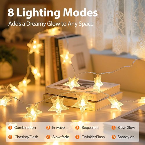 Lakumu Star String Lights - 17FT LED Fairy Lights with 50 Twinkling Stars & 8 Modes | Battery Operated Warm White Indoor Decor