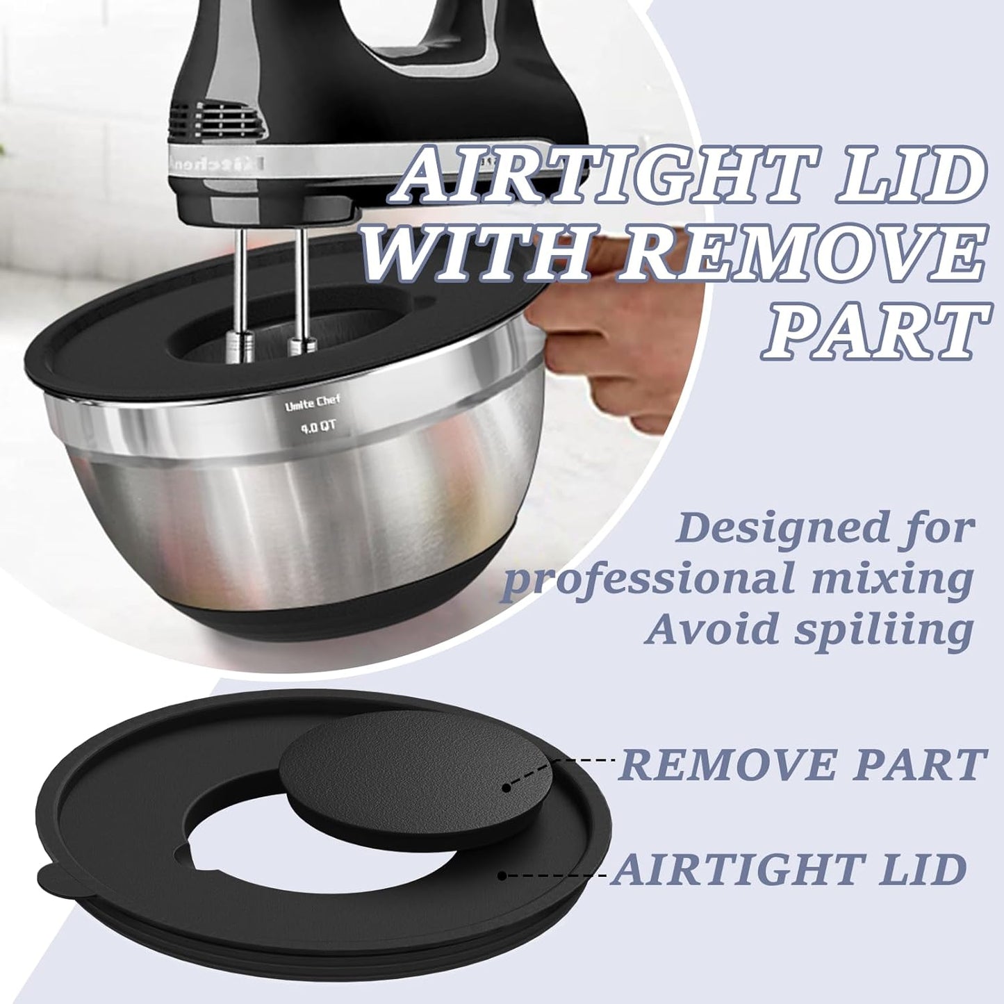 Umite Chef Mixing Bowls - 8PCS Stainless Steel Set with Airtight Lids & Non-Slip Bottoms | Black, 1.5QT to 5QT
