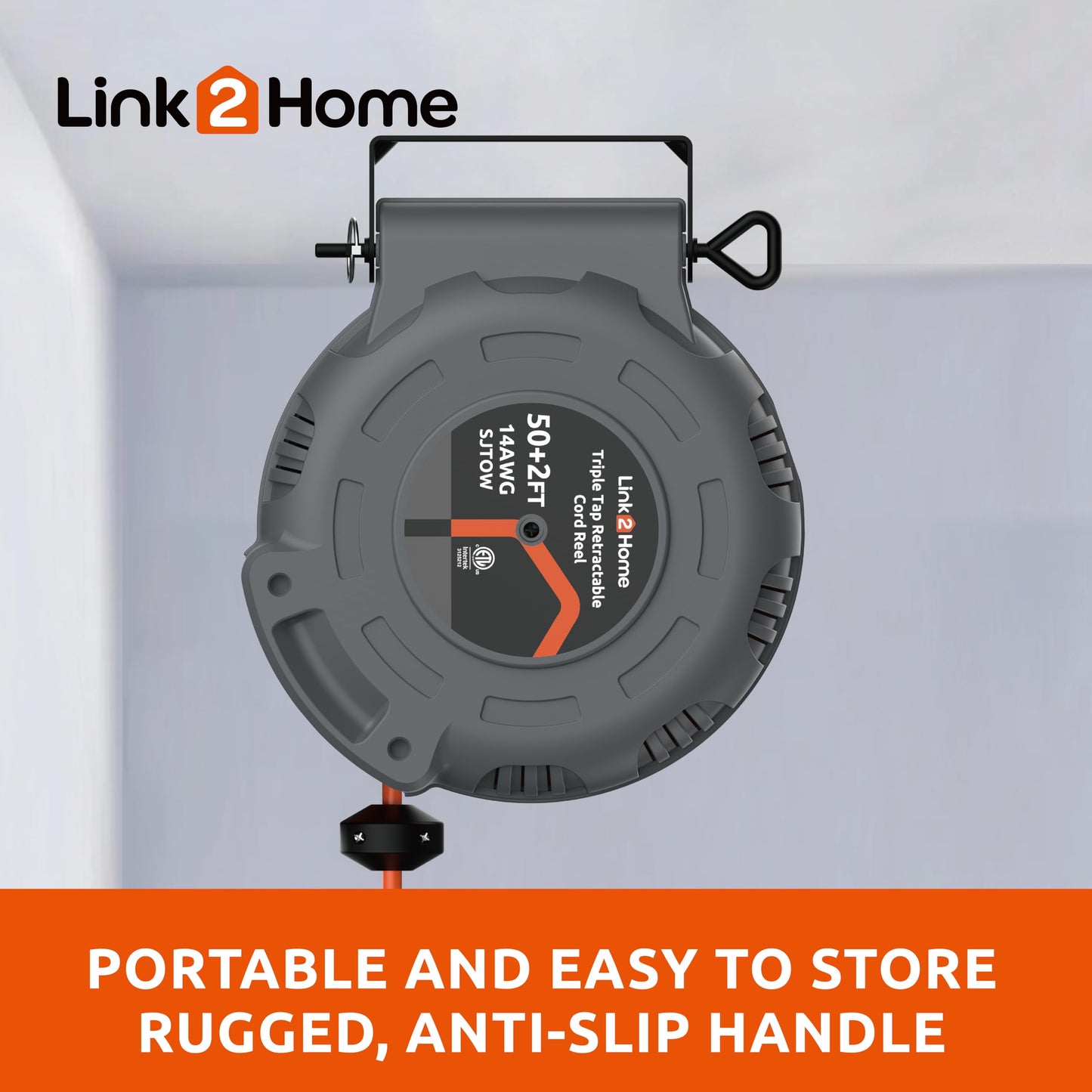 Link2Home 50 Ft. Retractable Extension Cord Reel with 3 Outlets, Lighted Triple Tap, 14AWG SJTOW Heavy-Duty Cord, Overload Protection, Wall/Ceiling Mount