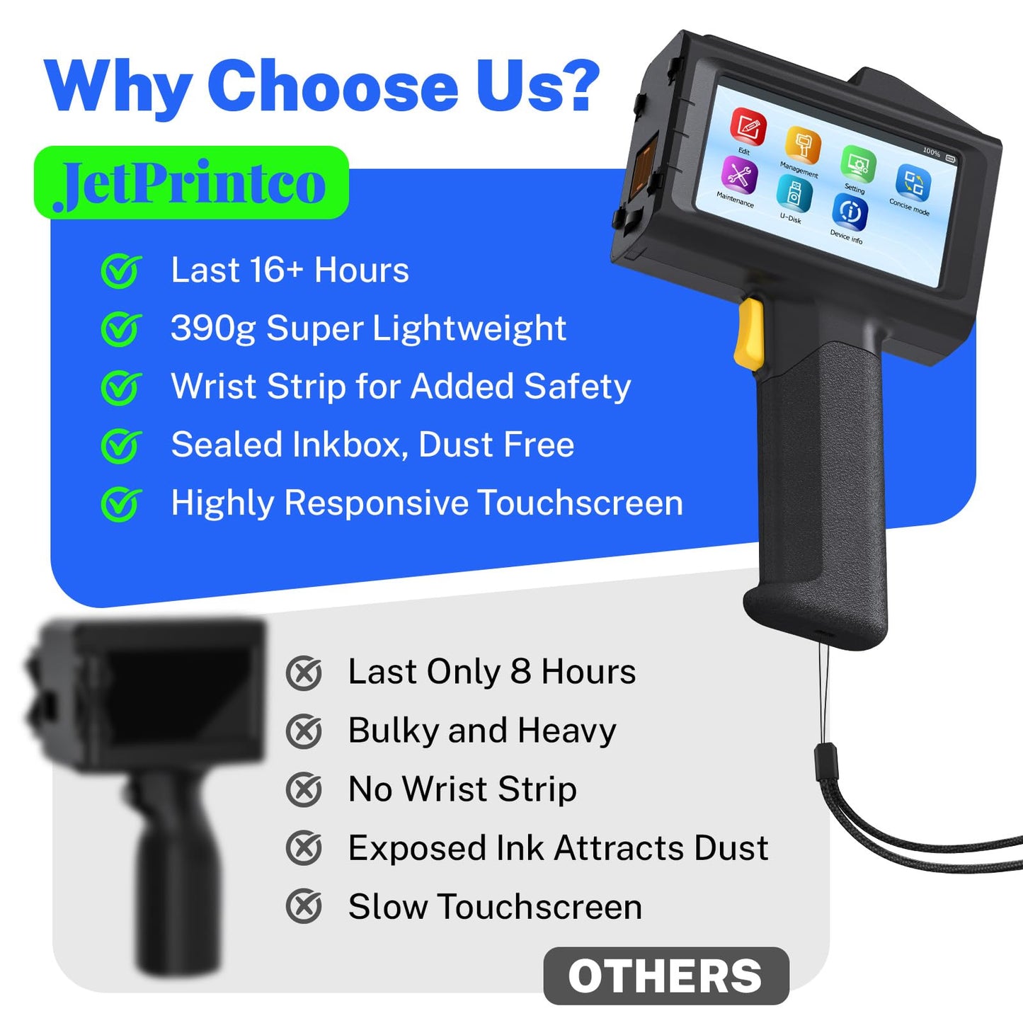 0.5 Inches Print Height Intelligent Handheld Inkjet Printer Lasts 16H Weighs Only 390g for Batch Code Date Lot Number Print on Plastic Carton Wood Metal Glass Aluminum with 42ml Fast Dry Ink (Black)