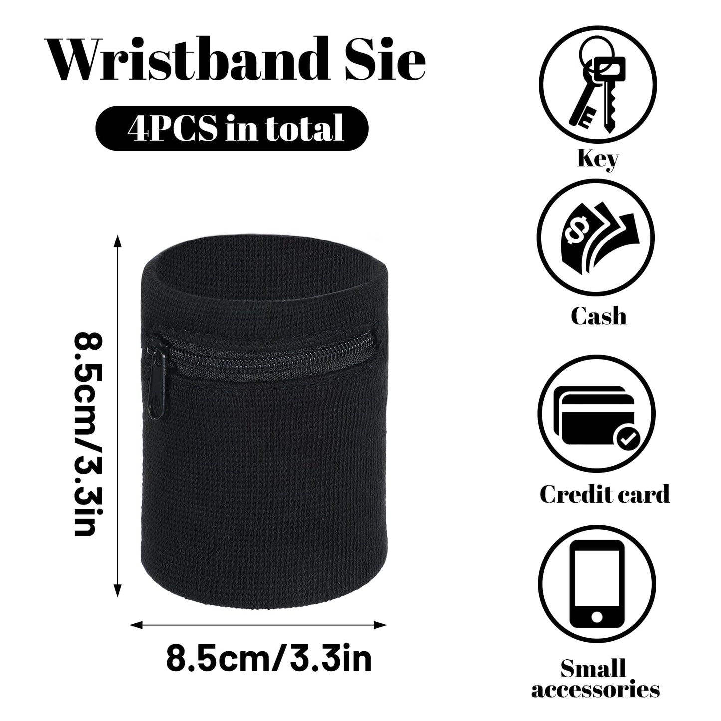 DOPENSPI 4PCS Wrist Wallet, Wrist Sweatband with Zipper Breathable Wristbands Ankle Wallet Coin Keys Storage Pouch Pocket for Gym Running Hiking Jogging Sports