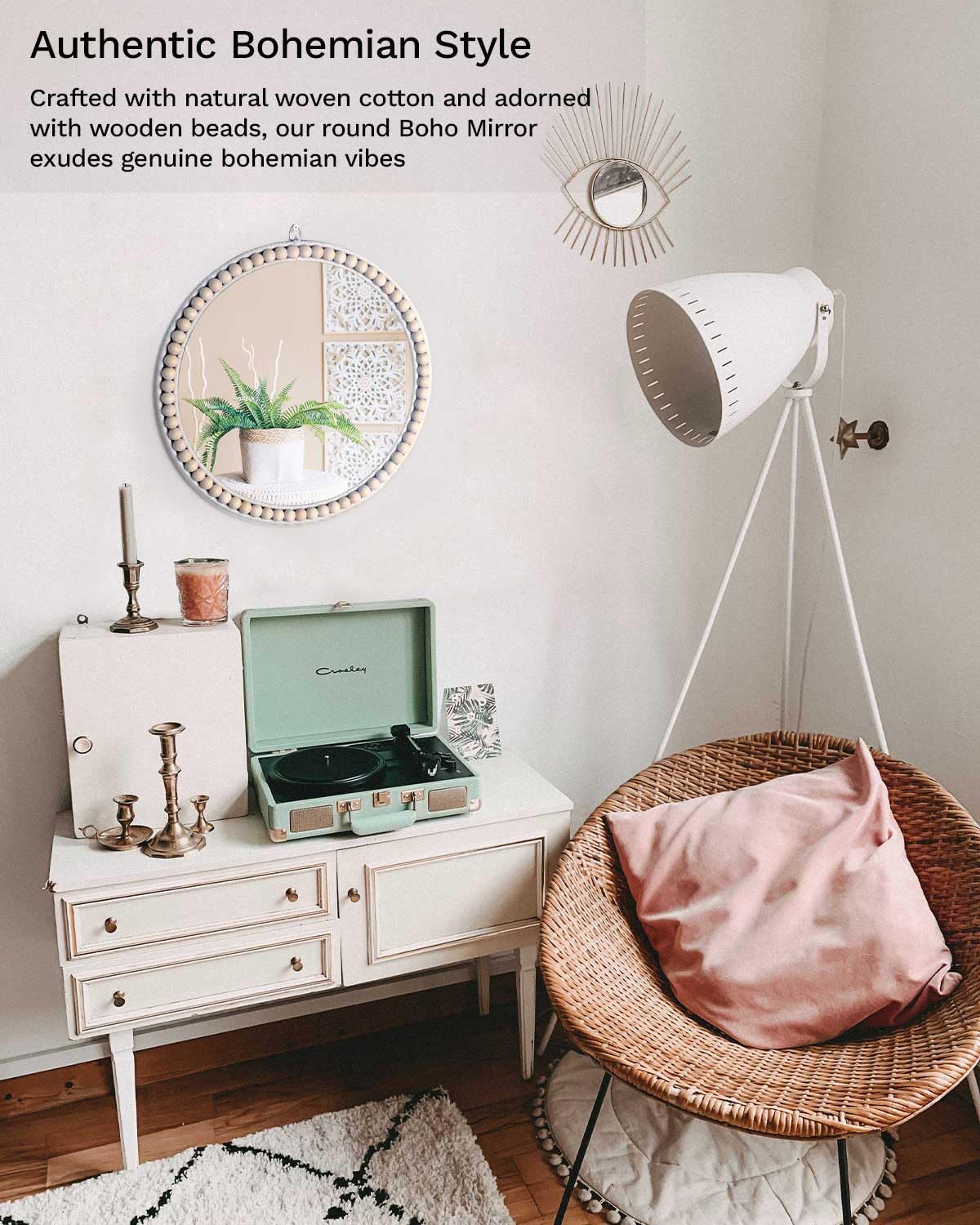Poeme Boho Wall Mounted Circle Mirror, Wooden Round Wall Decor for Bathroom Living Room Bedroom, Decorative Hanging Farmhouse Nursery Furniture (17 Inch)
