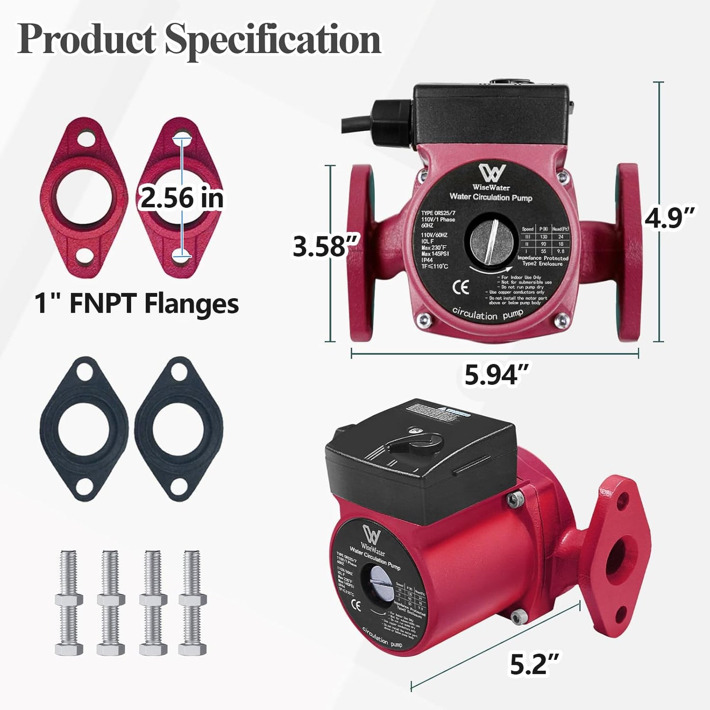 AB 110V 130W 13 GPM Hot Water Recirculating Pump, 3 Speed Switchable Circulator Pump with 1'' FNPT Flanges for Boiler, Solar Heater and Hydronic Radiant Heating, Red