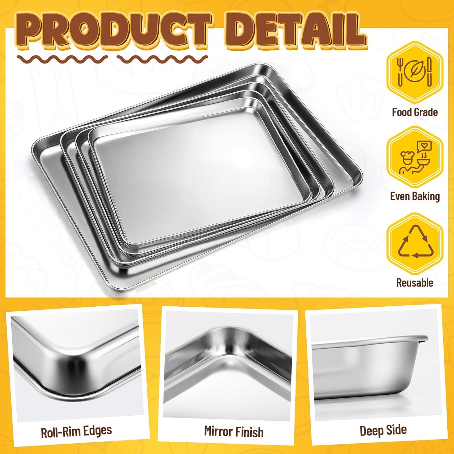 Skiennix Stainless Steel Baking Pans - 4 Pack Commercial Grade Cookie Sheets | Heavy Duty, Non-Stick, 16/18/20/24 Inch