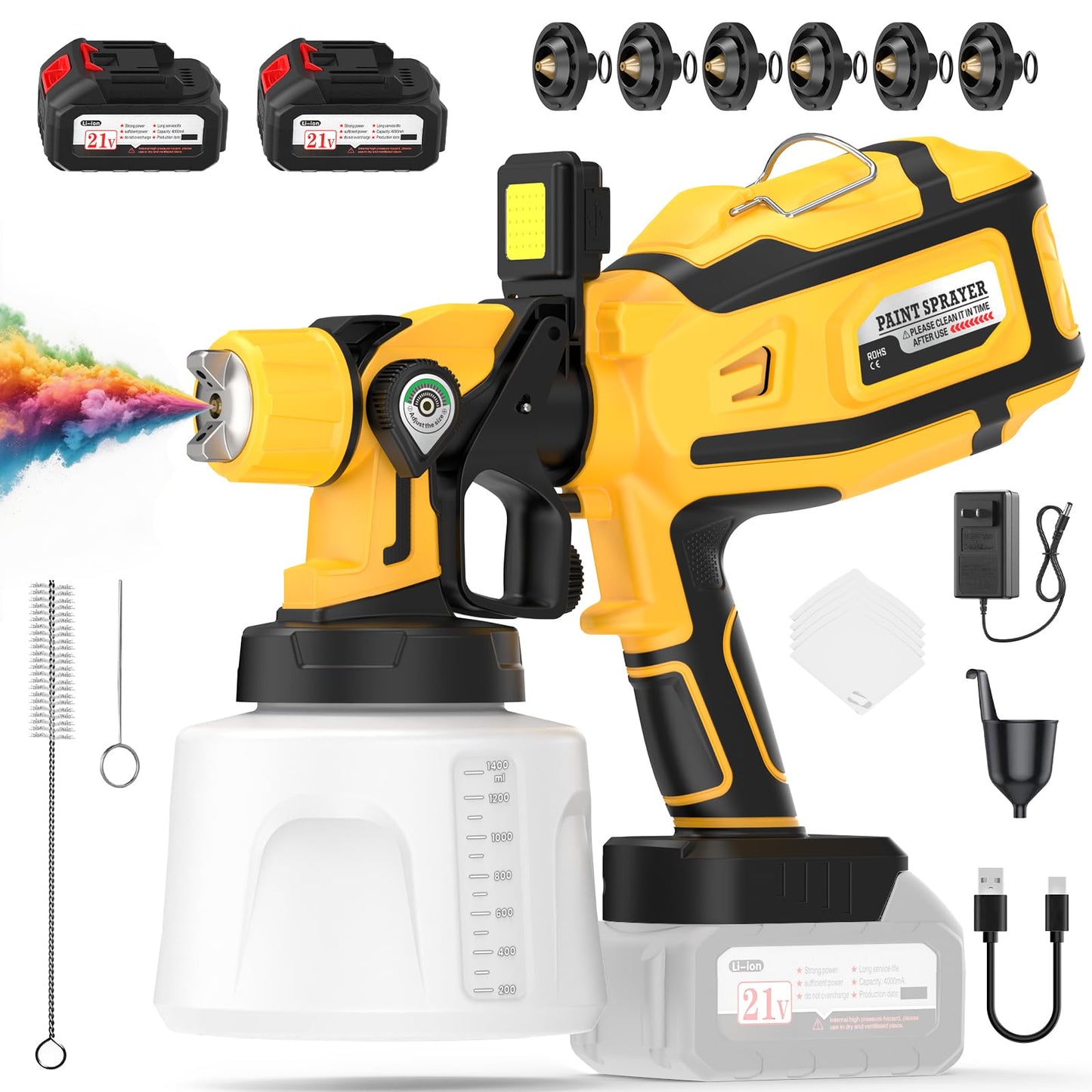Paint Sprayer, 700W Cordless Electric Spray Paint Gun with 1400ml Container, Easy to Clean, 2×4000mAh Battery, LED Light, 3 Modes & 6 Nozzles, Paint Sprayer for House Painting Fence Wall Cabinet & DIY