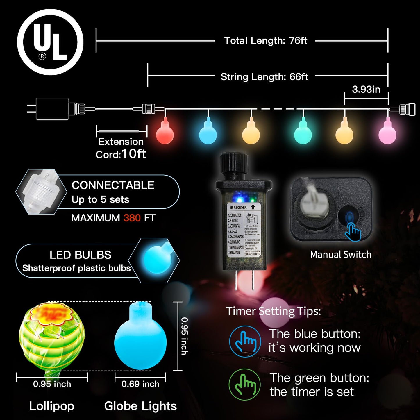 suddus 66ft 200 LED Connectable Globe String Lights, Multicolor, Indoor/Outdoor, with Timer, Model SD-200GMC1