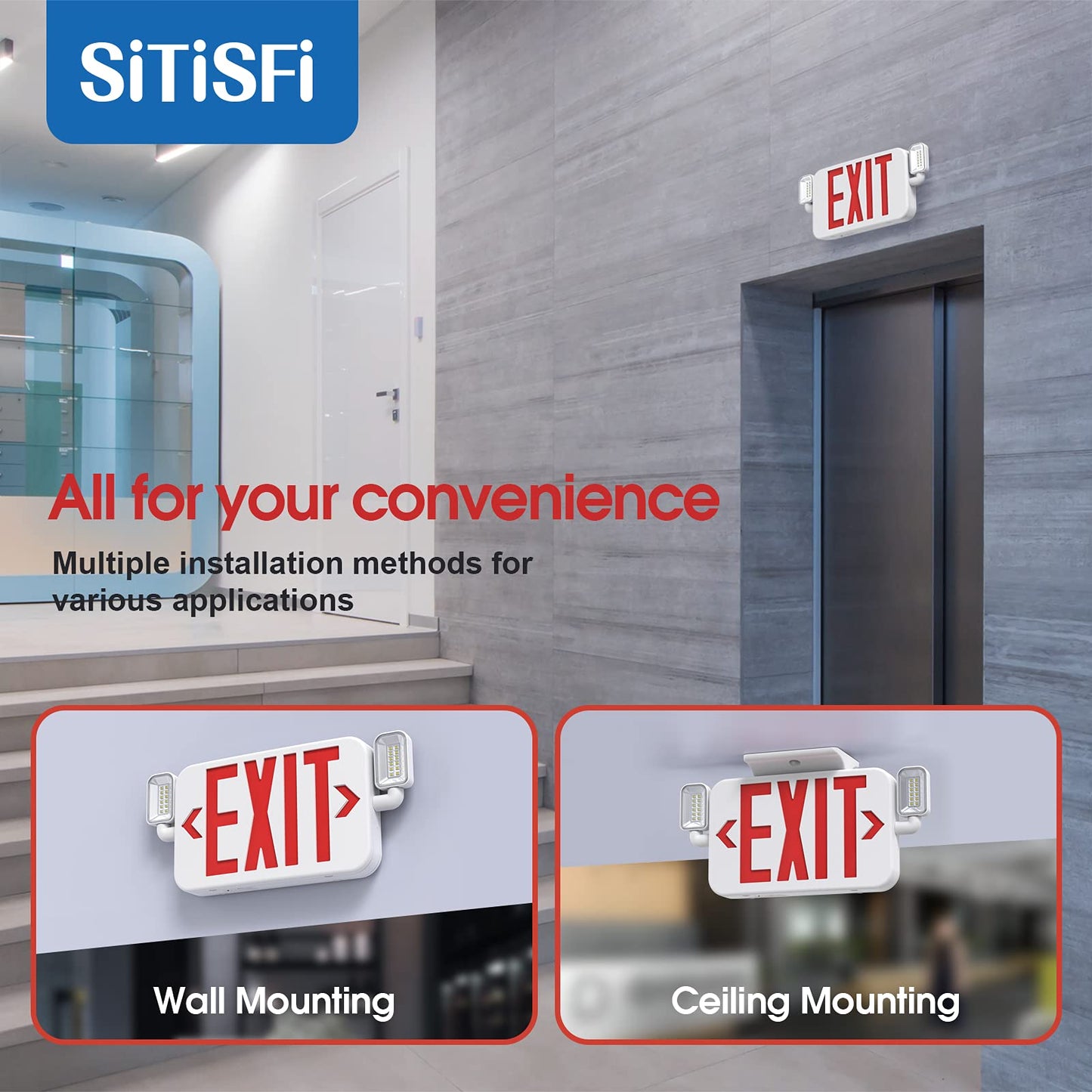 SITISFI Led Combo Emergency Exit Sign Light with Two Adjustable Head Lights and Backup Battery Exit Light,US Standard Red Letter Commercial Emergency Exit Lighting,UL 924,AC120/277V (2Pack)