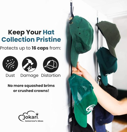 Jokari Over The Door Cap Rack Organizer - Adjustable Hat Storage System | Holds 16 Baseball Caps