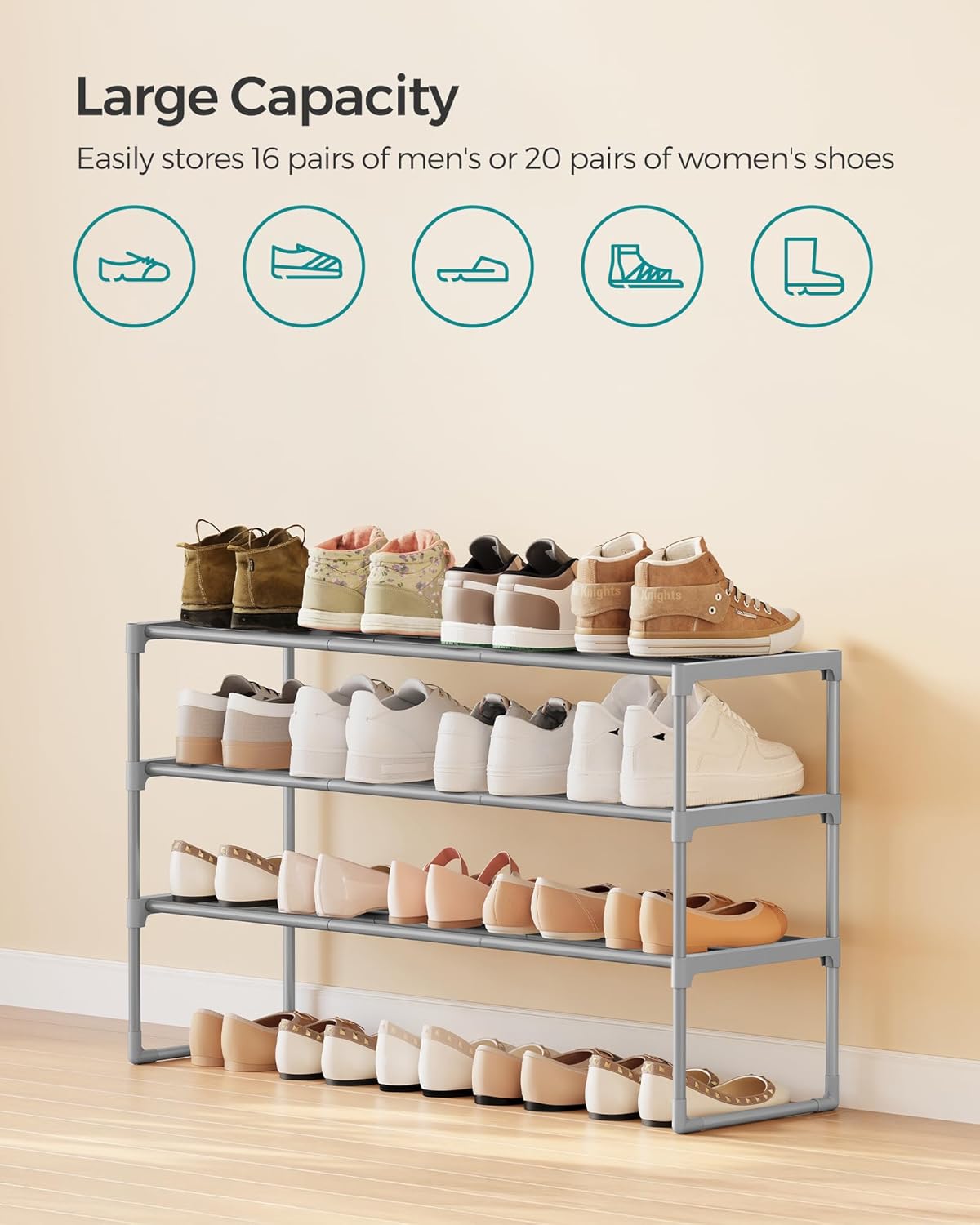 SONGMICS 3-Tier Shoe Rack - Stackable Metal Organizer for 16-20 Pairs | Gray, 11.8 x 36.2 x 21.7 Inches