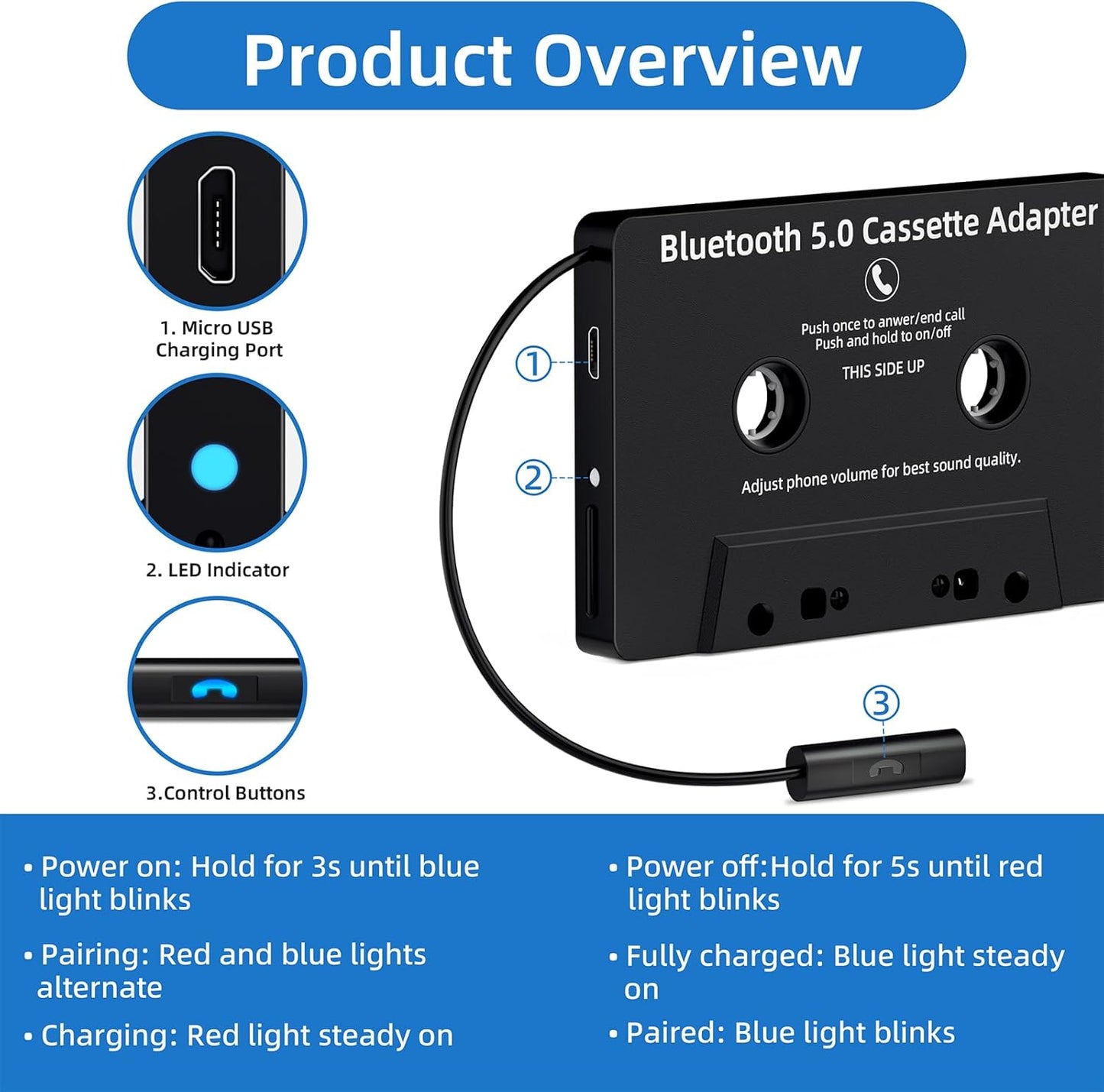 Mersoco Cassette 5.0 Cassette Car Bluetooth Reciver, Tape Player BT Aux Adapter with Hands-Free