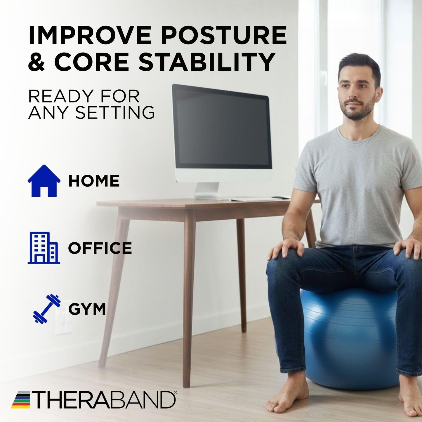 Theraband 23045 Exercise and Stability Ball for Improved Posture, Balance, Core Fitness, Coordination and Rehab, Blue, 75cm Diameter