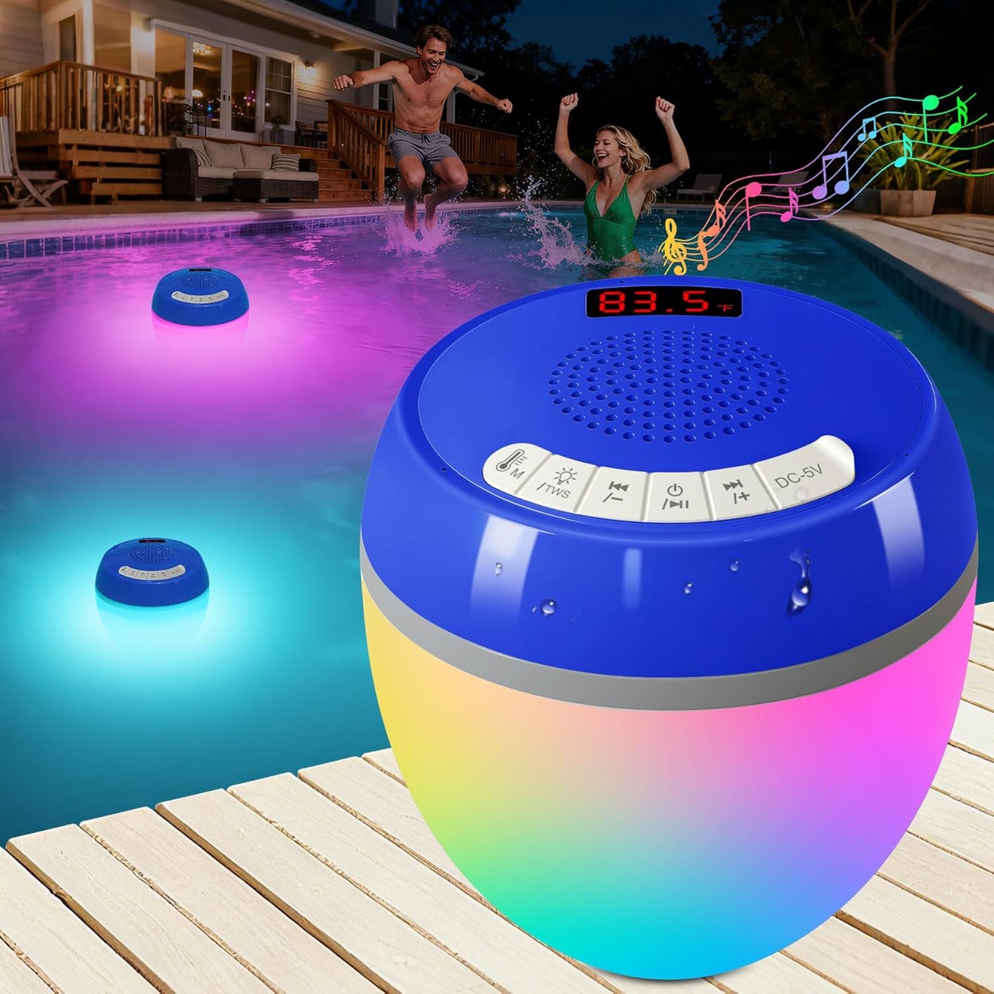 LanAqua 3 1 IP68 in Bluetooth Pool Speaker with Digital Thermometer, Floating Pool Speaker with Colorful Lights,Hot Tub