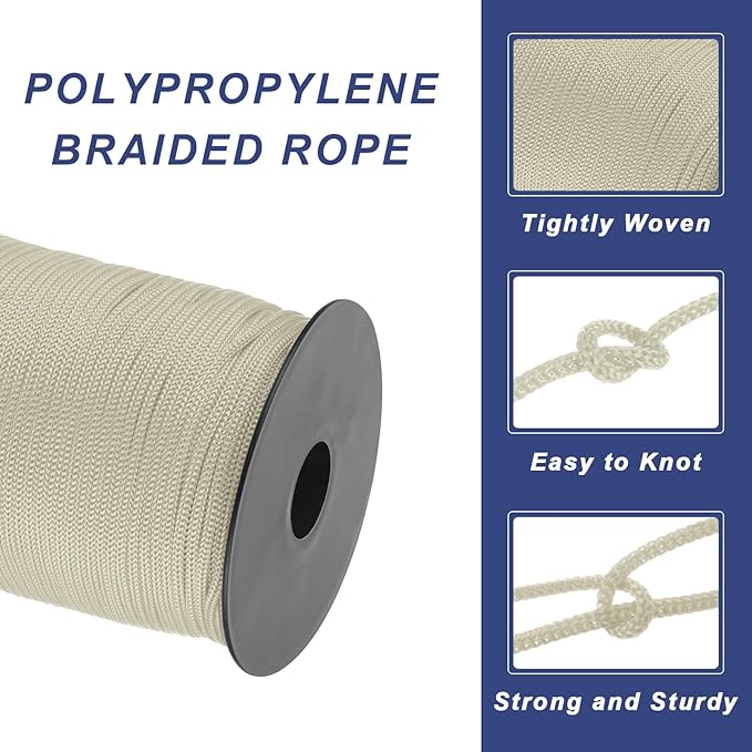 MECCANIXITY 1/8 Inch Polypropylene Rope Braided Ropes, 328ft Nylon Rope Hollow Utility Cord for Clothesline, Camping, Hiking, Outdoor, Camel Grey