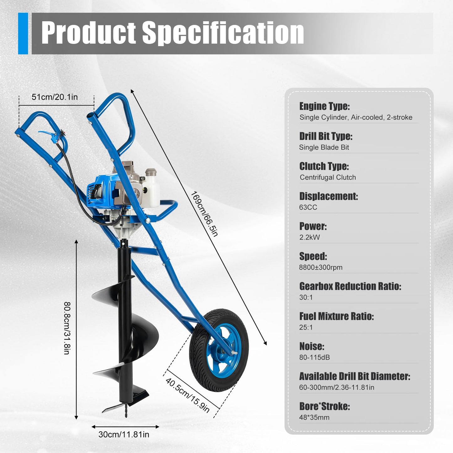 63CC 2-Stroke Gas Powered Earth Auger Post Hole Digger with 11.81" Drill, 3HP Hole Digging Machine Auger Spiral Drill Bit Borer Fence Ground Drill for Garden & Lawn Digging Planting Drilling (Blue)